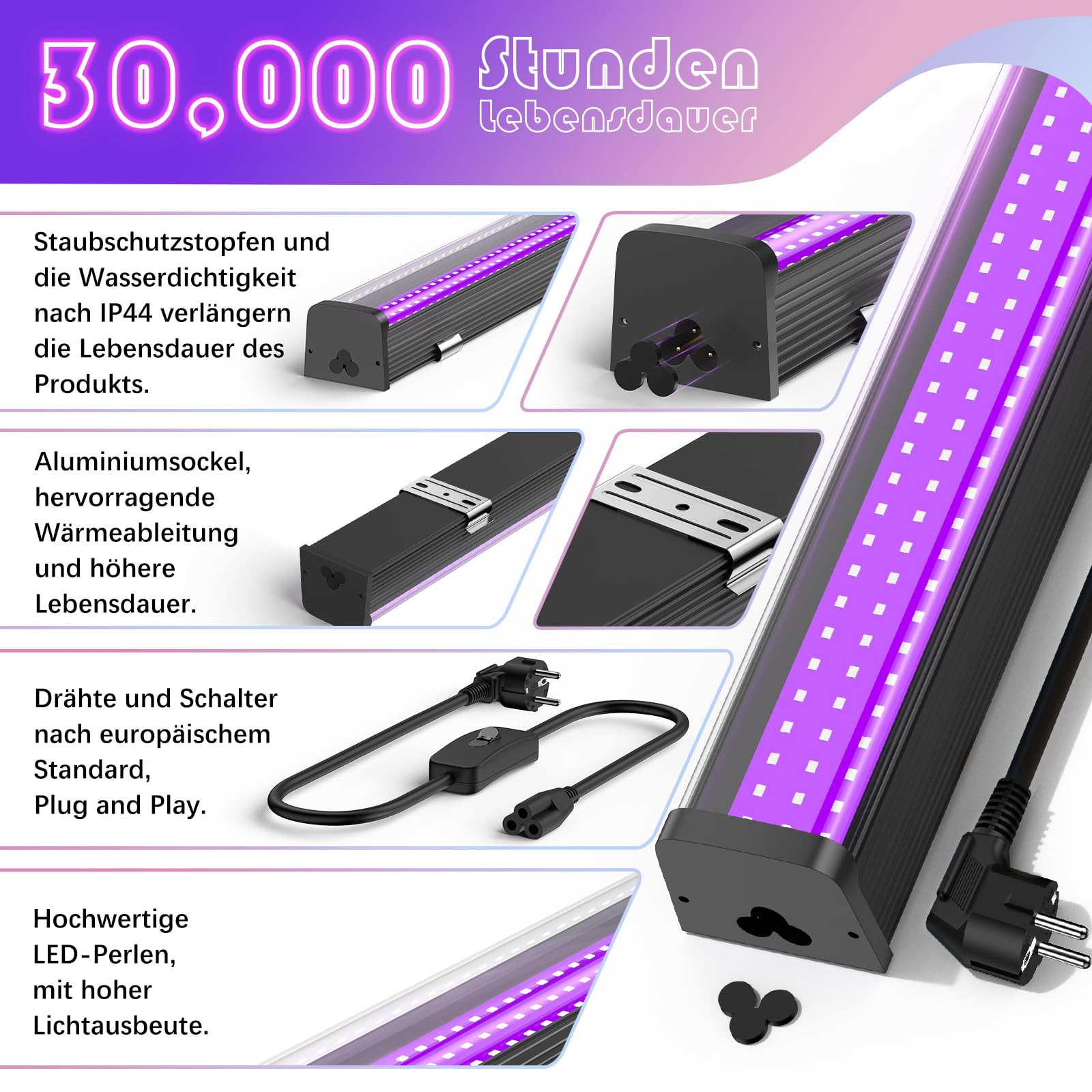 Glostars 2er 26W Schwarzlicht LED, 1Ft Röhre mit Stecker & Schalter, 395nm Schwarzlichtlampe, UV Lampe für Schwarzlicht Party Deko, Disco [Energieklasse A]