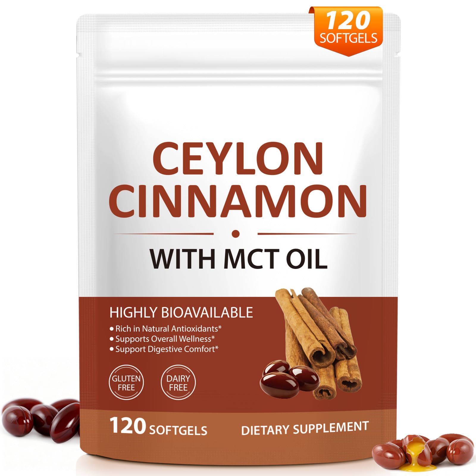 vopxccvy Suplemento de Canela do Ceilão com Extrato de Casca e Óleo MCT, 120 cápsulas gelatinosas