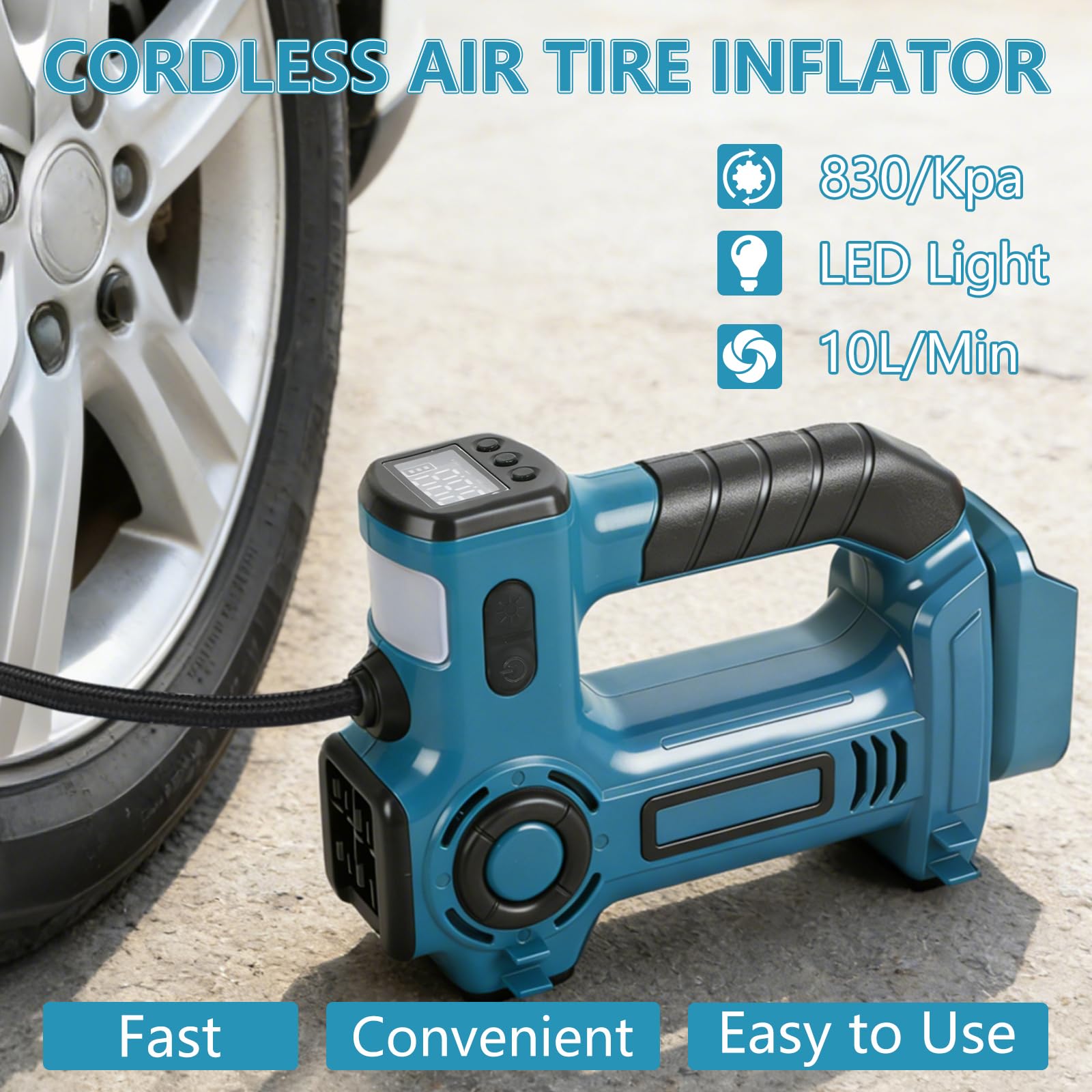 Inflador Compresor compatible con Makita 18 V, Compresor de Aire Portátil con Manómetro Digital para Coche, Moto, Pelotas de Bicicleta, Presión Máxima de Aire 830 kPa (sin batería)