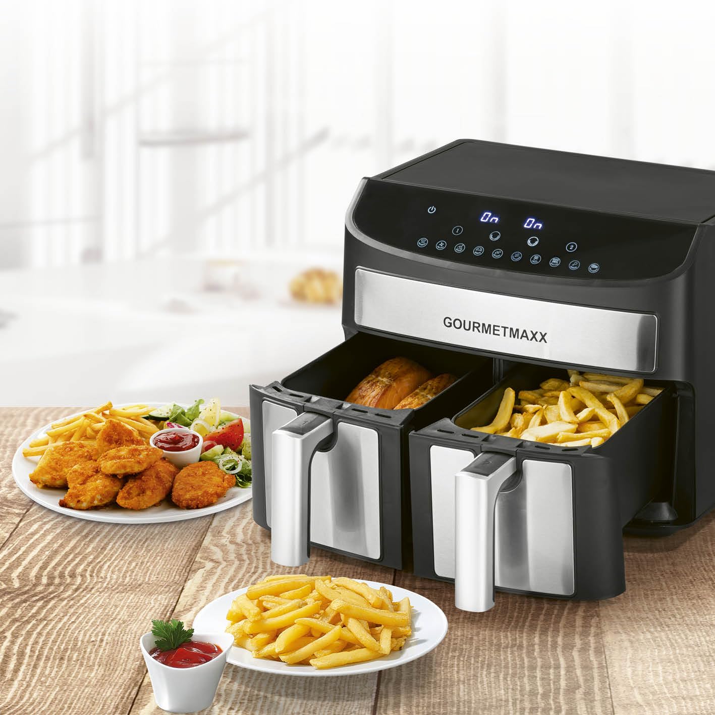 GOURMETmaxx Frytkownica na gorące powietrze, podwójna komora, 2 x 3,5 l, stal nierdzewna, Airfryer z funkcją timera, wyświetlaczem dotykowym i strefami gotowania synchronicznymi | energooszczędne