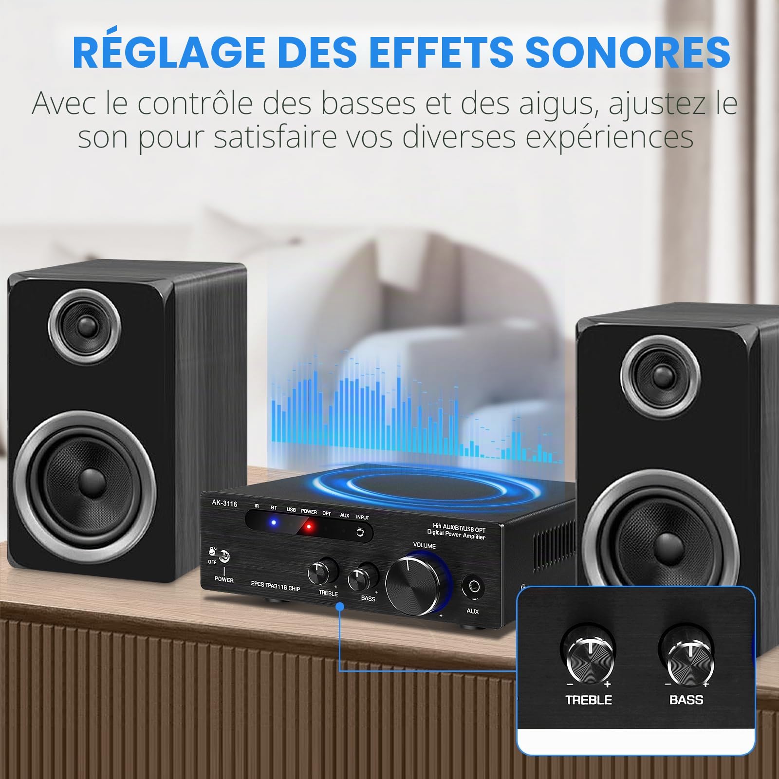 Amplificateur HiFi Bluetooth 5.0, AK-3116 Mini amplificateur Audio stéréo 2.0 canaux 100W x 2 récepteur amplificateur de Puissance numérique de Classe D avec Puce d'amplification TPA3116 Entrée BT