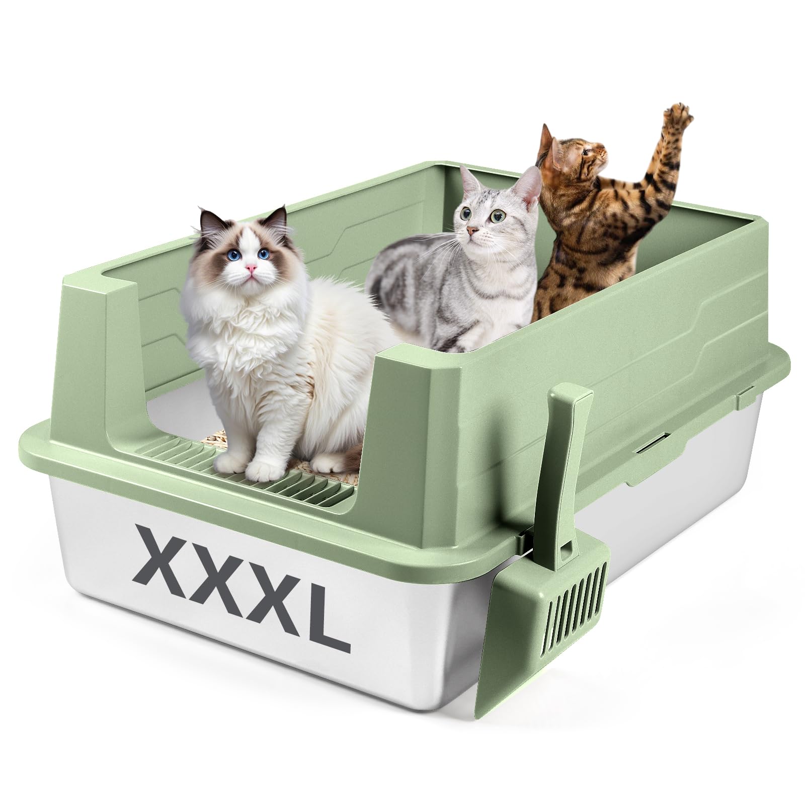 Bartuke Extra Large Stainless Steel Cat Litter Box, XXXL Metal High Sided Cat Litter Tray with Scoop, Leak-Proof, Easy Clean For Big Cats/Multiple Cats (Green)