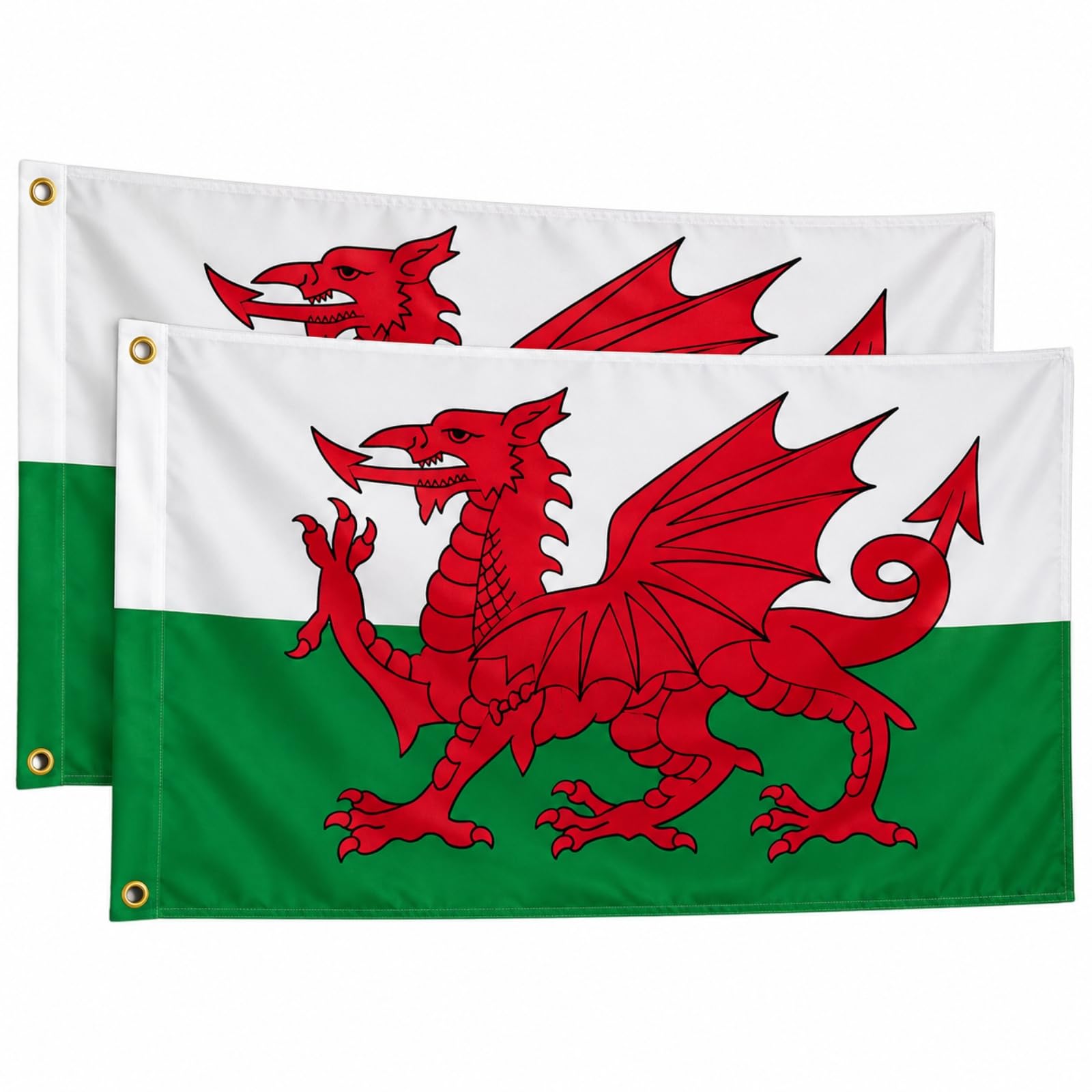 WALES Flag 5ft x 3ft (Pack of 2) Welsh Dragon Flag with Brass Eyelets, Cymru Flag for Rugby, Football, Six Nations, World Cup, St David's Day, Festivals, Homes, Gardens & Celebrations