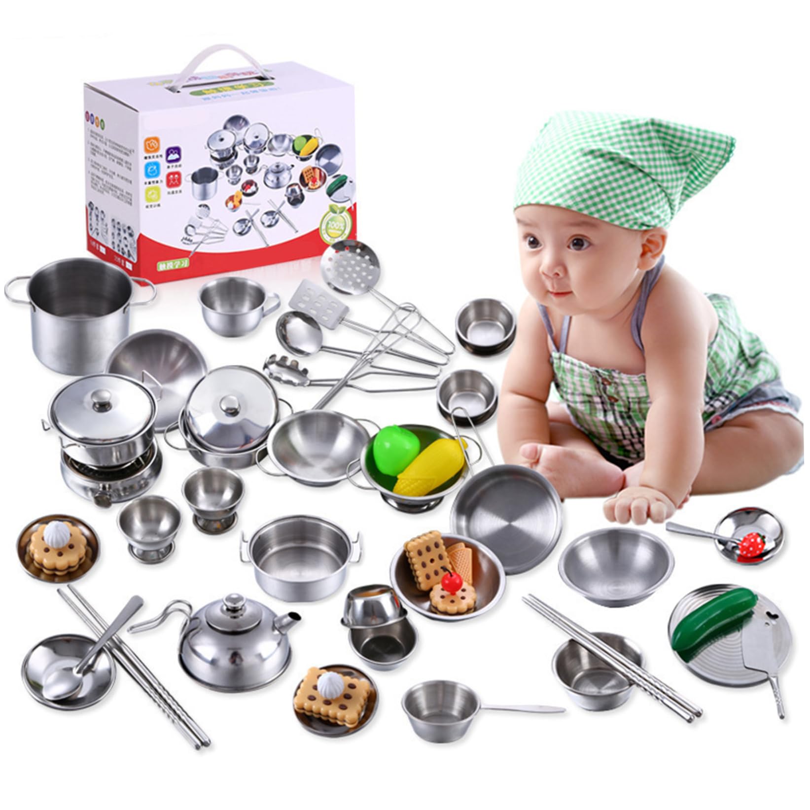 Bemonew 25PCS Stainless Steel Kids Pots and Pans Playset Safe Kitchen Accessories for Pretend Play