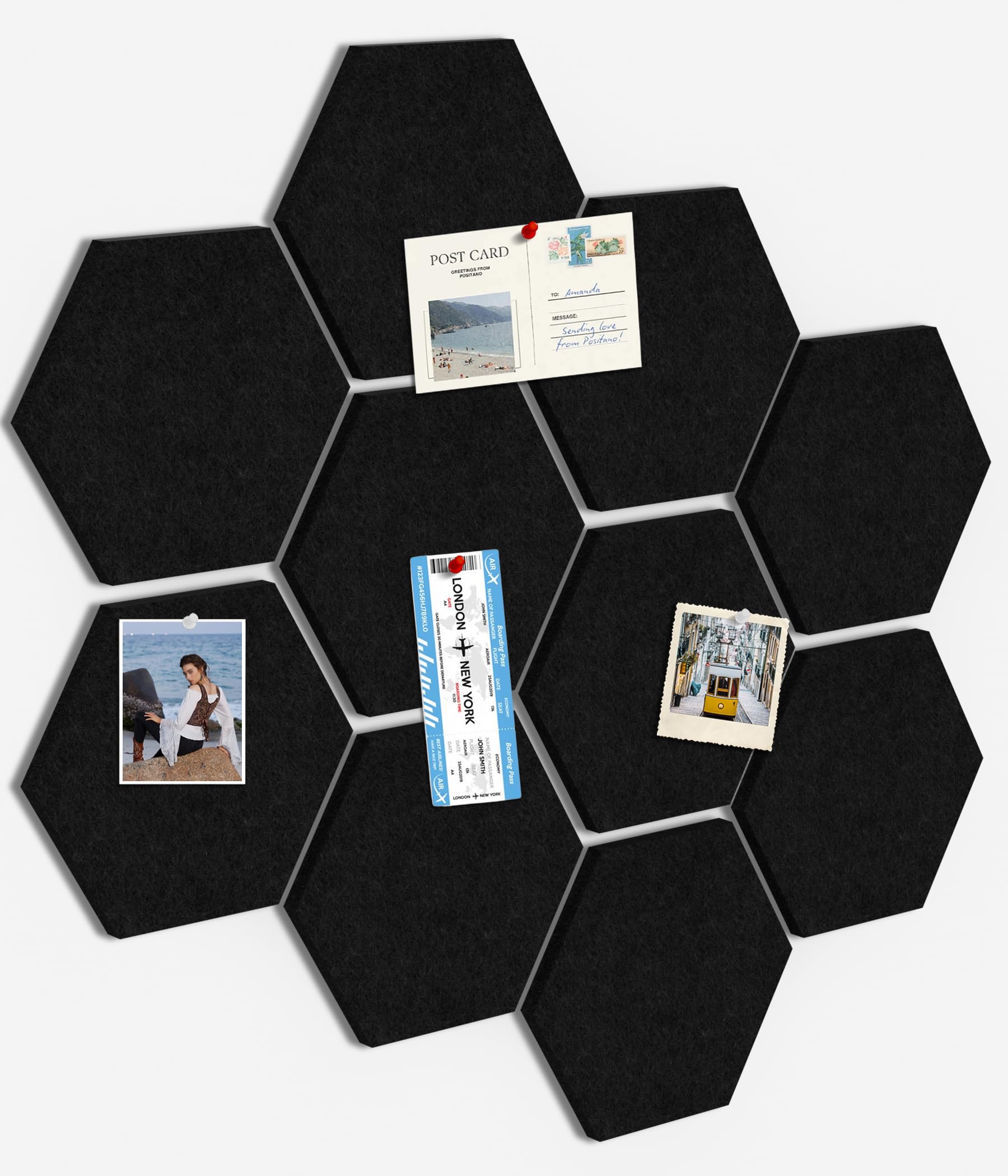 Toptople Large Hexagon Cork Board for Office, 10-Pack Felt Pin Board Tiles for Walls, Bulletin Notice Board with Push Pins for Photos, Black