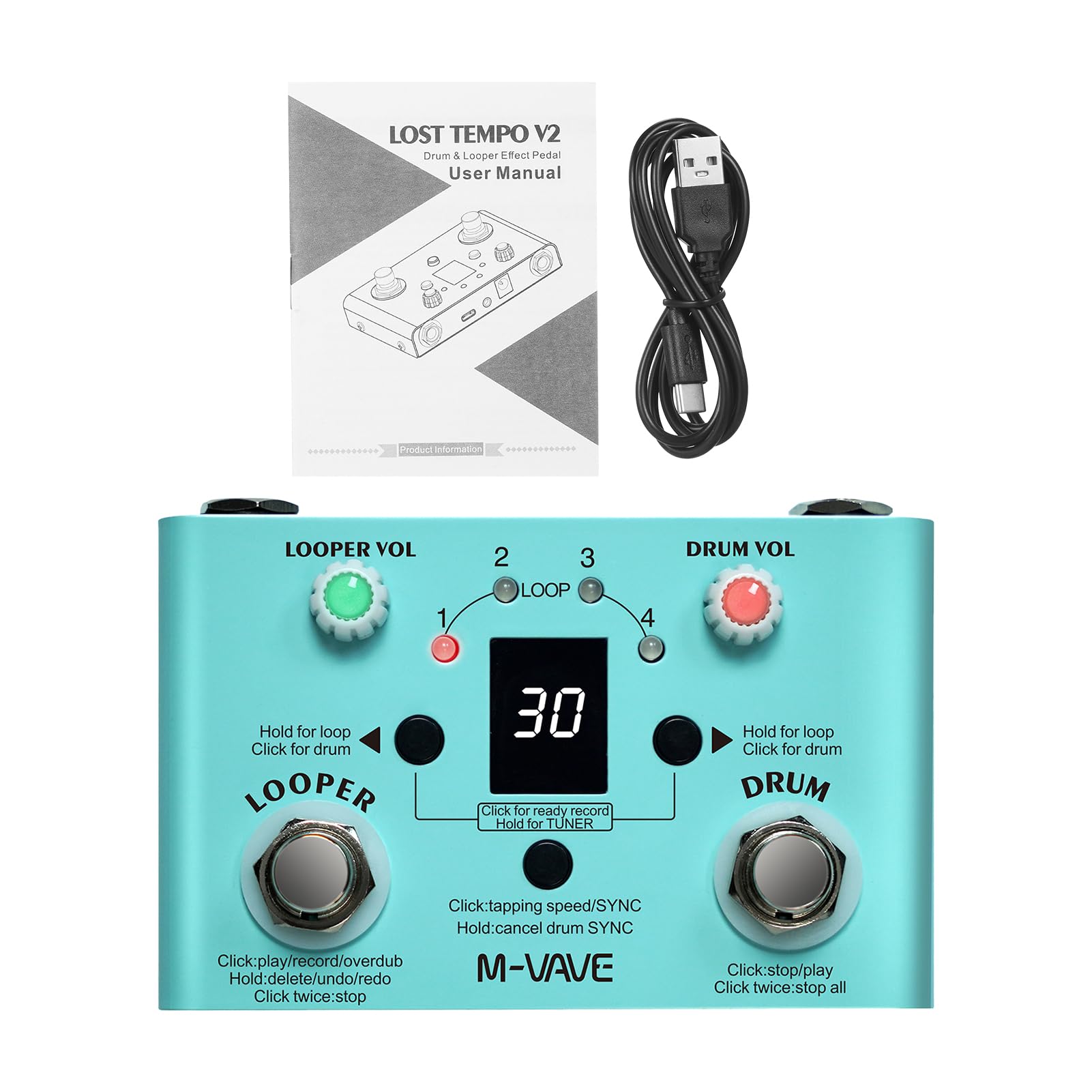 LOST TEMPO Pedale Effetti Drum & Looper 2-in-1 Mini Effector - Doppio Pedale per Chitarra con 30 Tamburi e 4 Loop - Sintonizzatore ad Alta Precisione