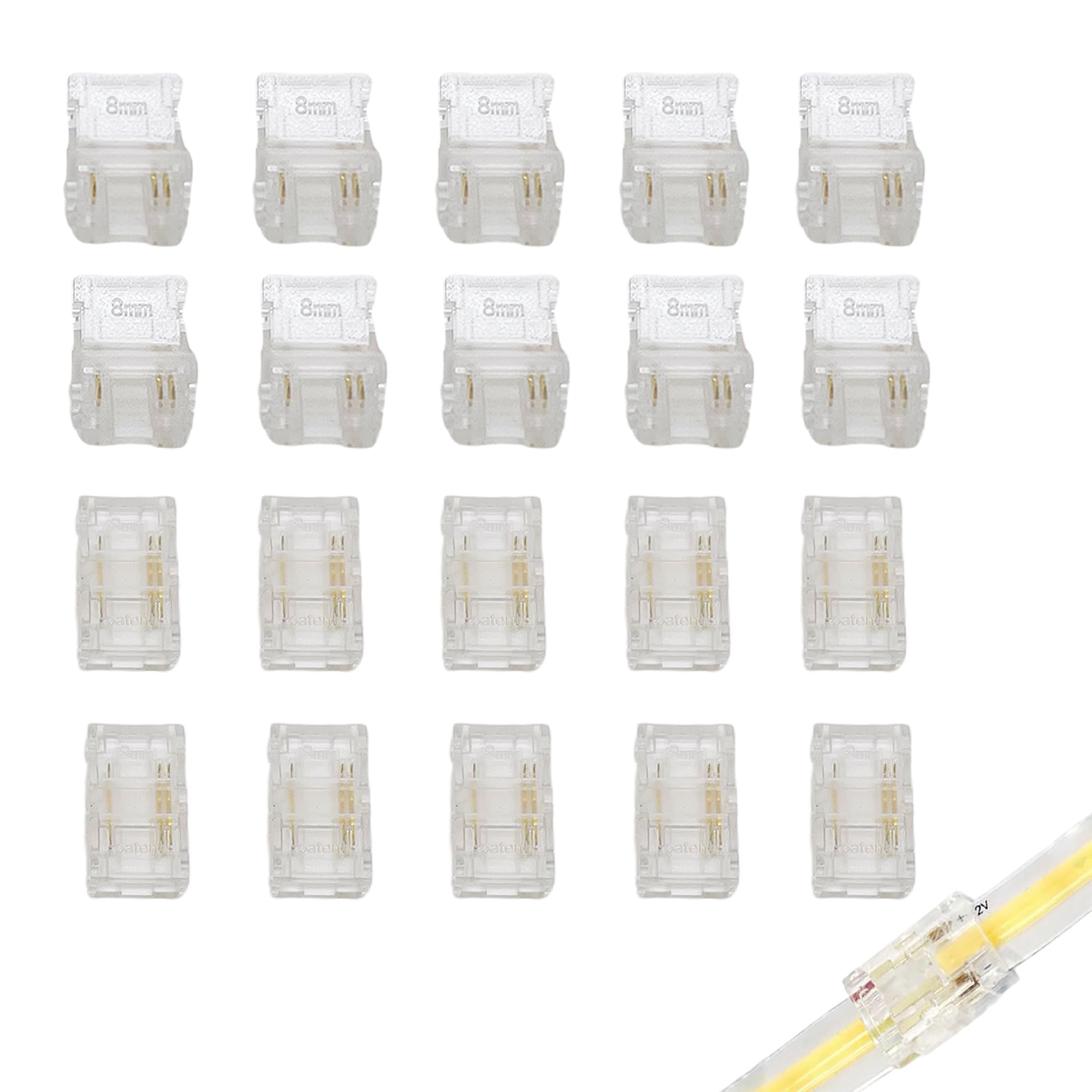 Clearhill 8mm 3Pin 20Pcs Transparent Solderless LED Light Strip Connectors,Strip to Strip Connectors,For Double Color 5V/12V/24V LED Strips,No Soldering Required,Secure Connection