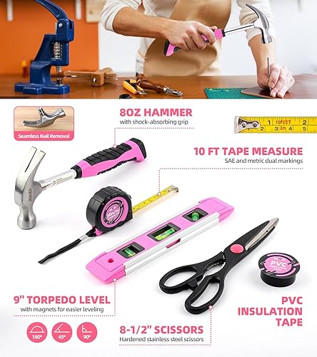 Miniatura 6 de Juego de herramientas de 143 piezas rosa para propietario de casa con destornillador inalámbrico de 3.6 V, kit de herramientas manuales para el
