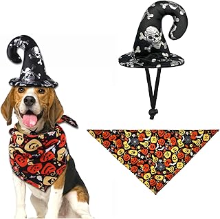 Dog Halloween Costumes, Adjustable Halloween Hat and Bandana Scarf for Dog, Funny Pet Halloween Party Dressup (Black)