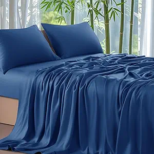 Shilucheng 100% Viscose Derived from Bamboo_ Sheets Cal King Size 4pcs - Ultra Cooling & Silky Soft Bed Sheets, 16" Deep Pocket, Perfect for Hot Sleepers, Hotel Bedding Sheets (Navy Blue)