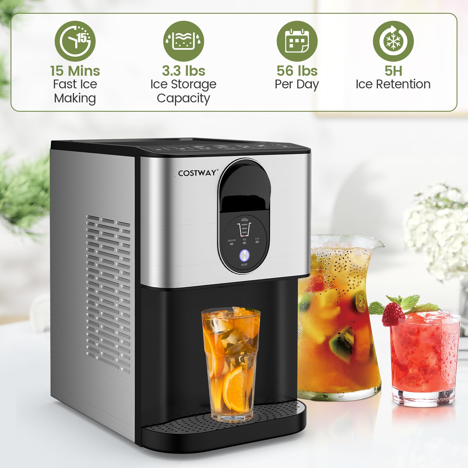 COSTWAY Self Dispensing Nugget Ice Maker Countertop, 56 Lbs/24h Soft Chewable Ice, Pebble Ice Maker With Self-Cleaning, One-Button Operation, Portable Stainless Steel Ice Maker For Home Office Party on Fridge.com - View 4