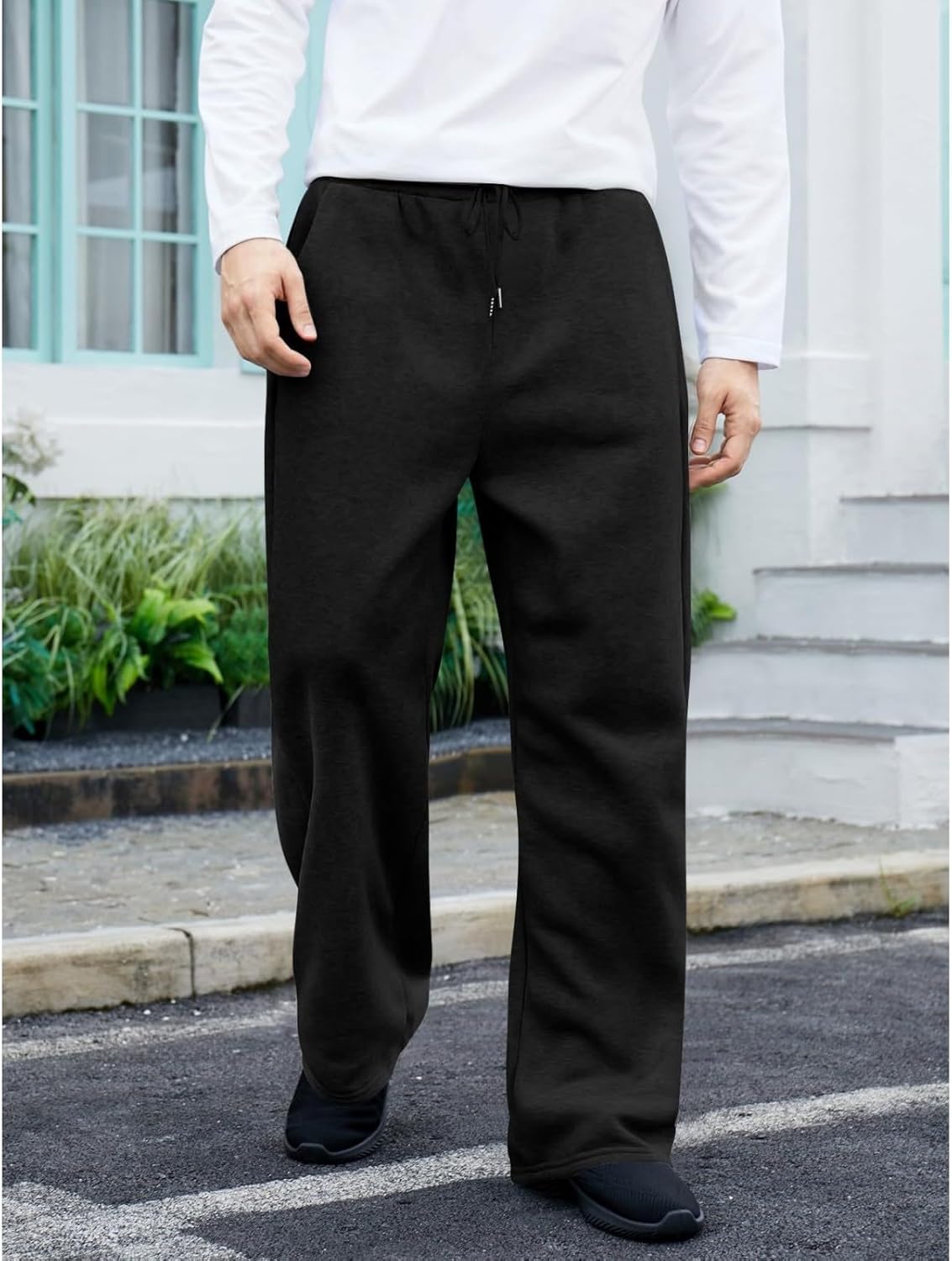 DuDubaby Baggy Sweatpants Men Baggy Wide Leg Sweats Pants Loose Cotton Open Bottom Joggers with Pockets Tall Trousers
