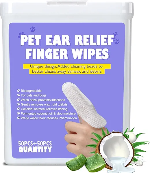 100Pcs Dog Ear Wipes, Pet Ear Cleaning Finger Wipes for Dogs & Cats, Soft Otic Cleaning Pads, Remove Wax, Dirt & Stop Smelly, Itchy, Non-Irritating Sooths & Deodorizes, Extra Wide Ear Wipes For Dog