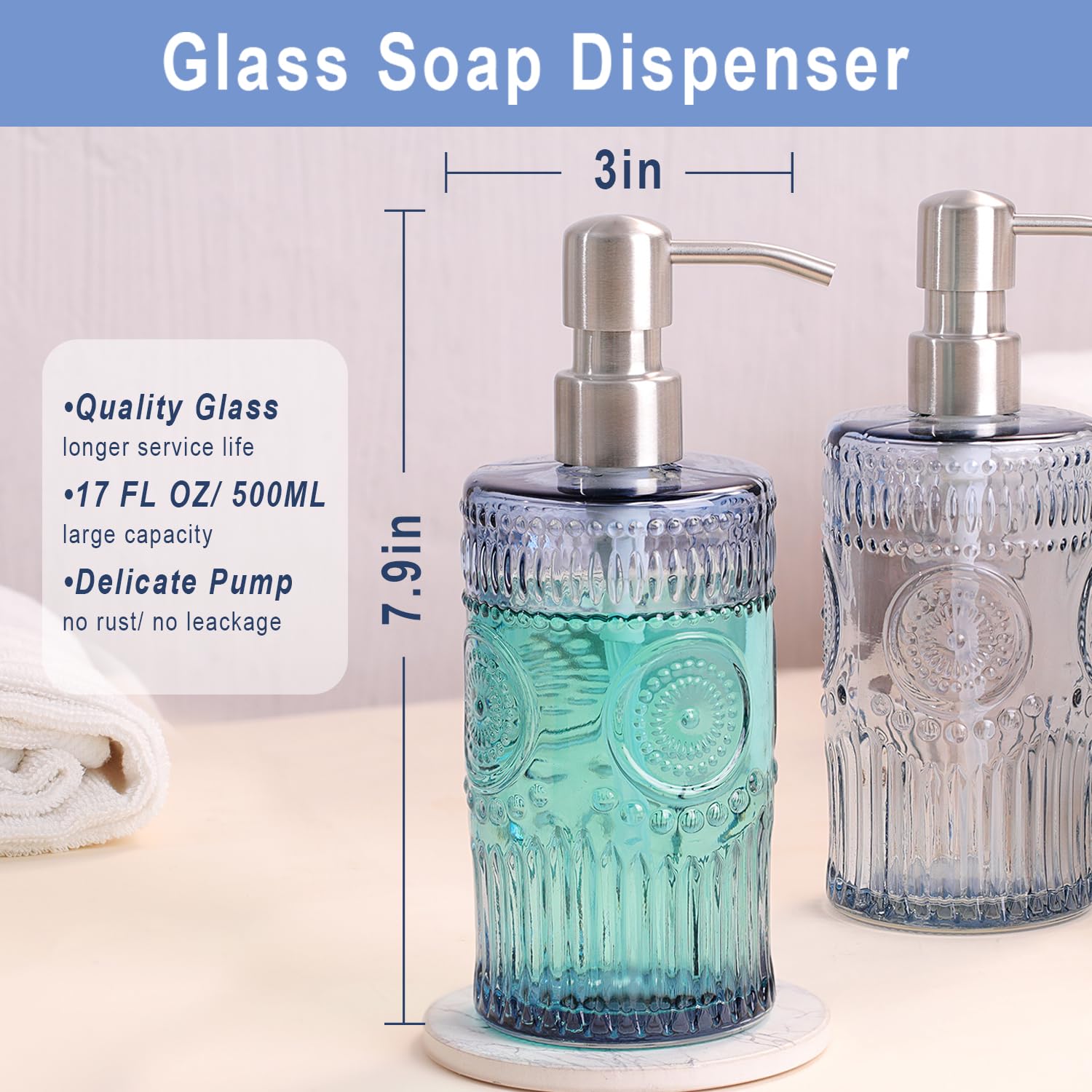 2 confezioni di dispenser di sapone blu da 500 ml, ricaricabile, in vetro, con pompa in acciaio inox, per cucina e bagno, elegante design floreale per accessori da bagno