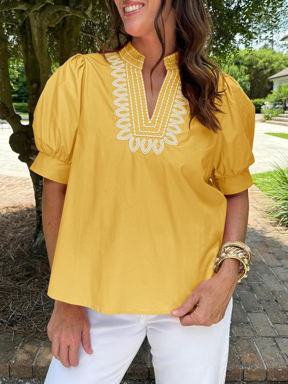 Cicy Bell Womens Puff Short Sleeve Blouses Summer Casual Dressy Embroidered V Neck Tops Loose Fit Tee Shirts
