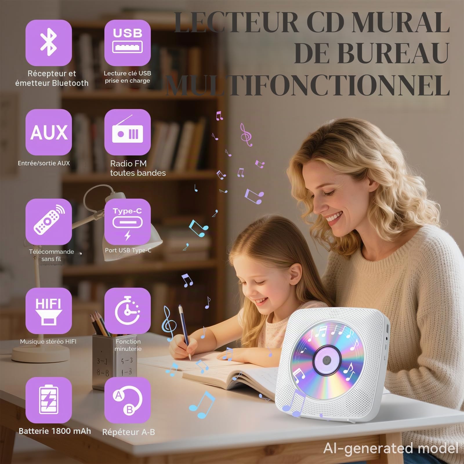 Gueray Lecteur CD Portable Bluetooth 1800mah Lecteur CD de Bureau pour la Maison Lecteurs CD avec Deux Haut - parleurs Télécommande Housse Anti-poussière Affichage Radio FM Minuterie USB Aux-Blanc