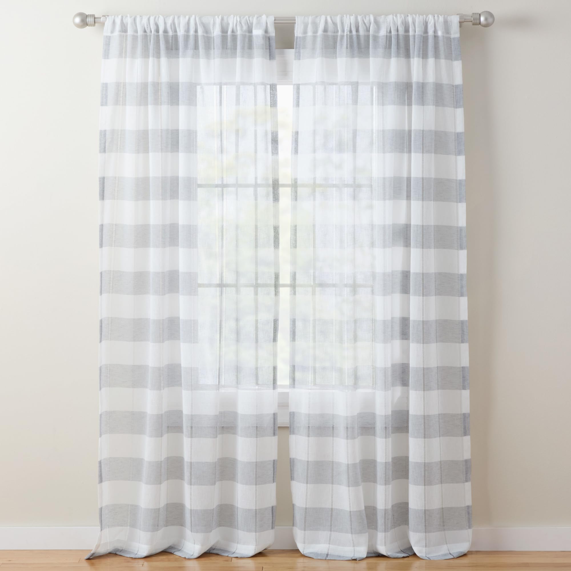 town & country basics pax semi-sheer stripe, light filtering indoor curtains 2-pack grey/white, 50"x96"