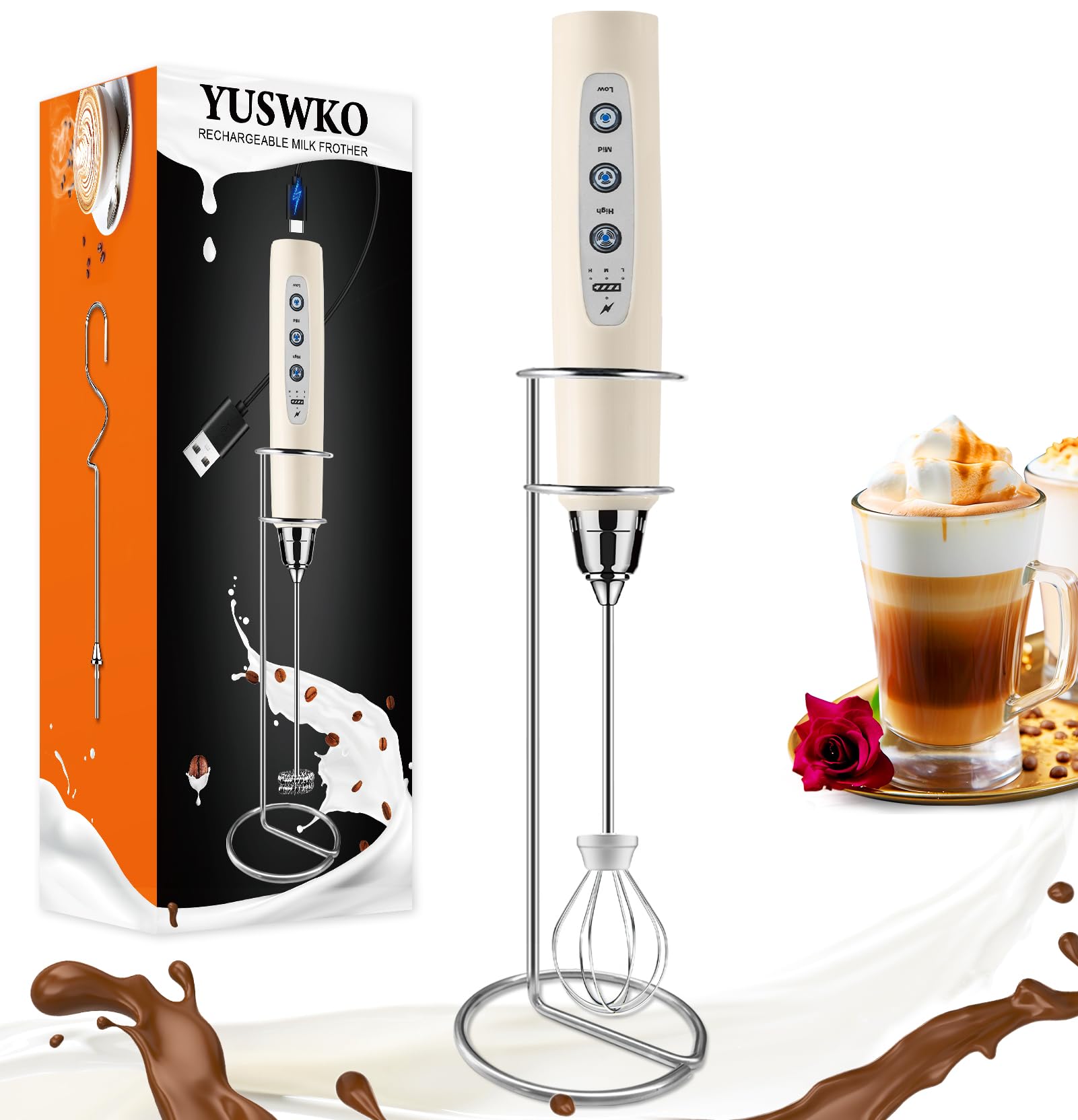 YUSWKO Varita espumadora de leche de mano beige con soporte para café, batidor eléctrico recargable con 3 cabezales, 3 velocidades, mezclador de bebidas, espumador de café para latte, capuchino
