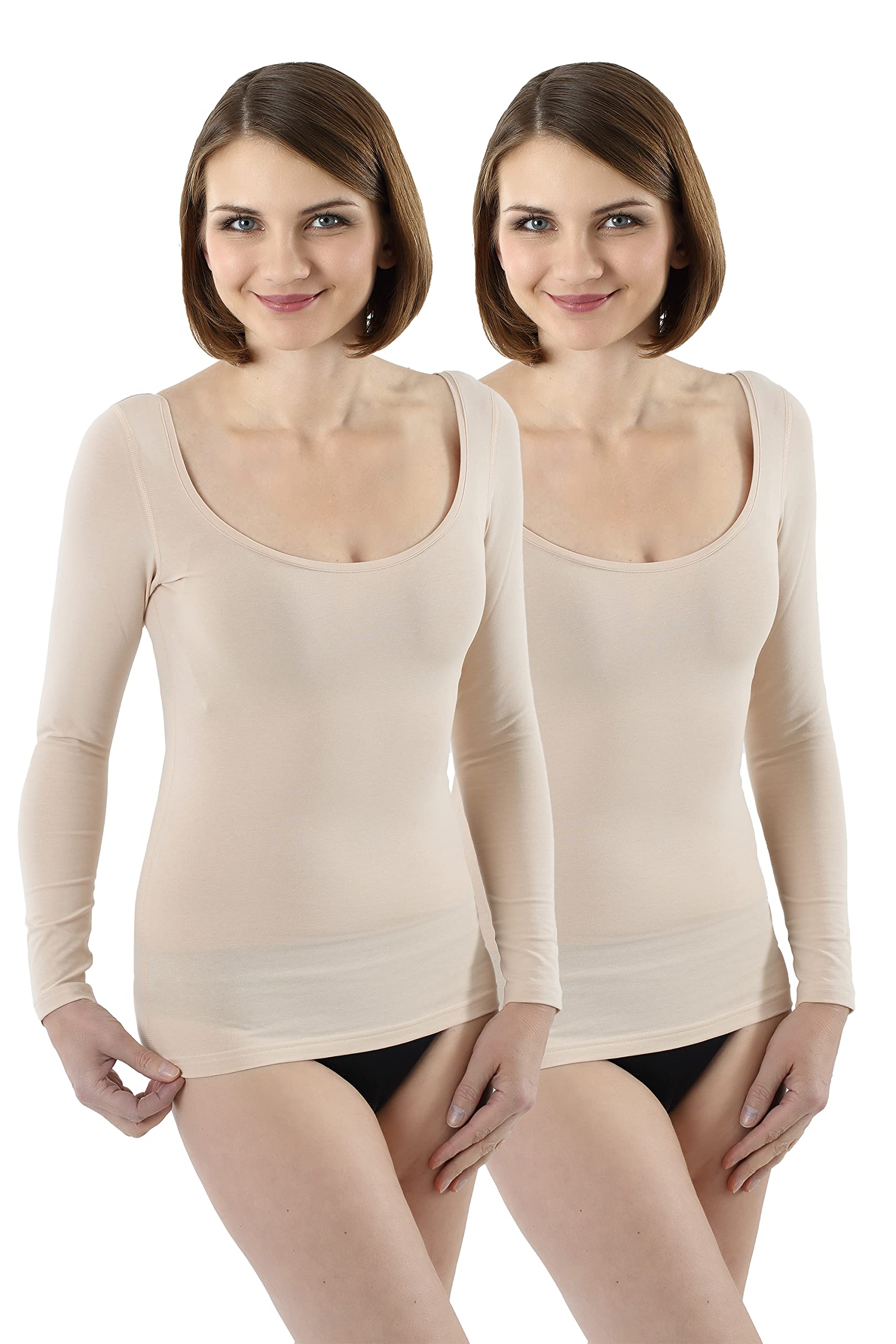 ALBERT KREUZ2-Pack Women's Thermal Long Sleeve Undershirt with deep Scoop Neck Stretch Cotton Beige