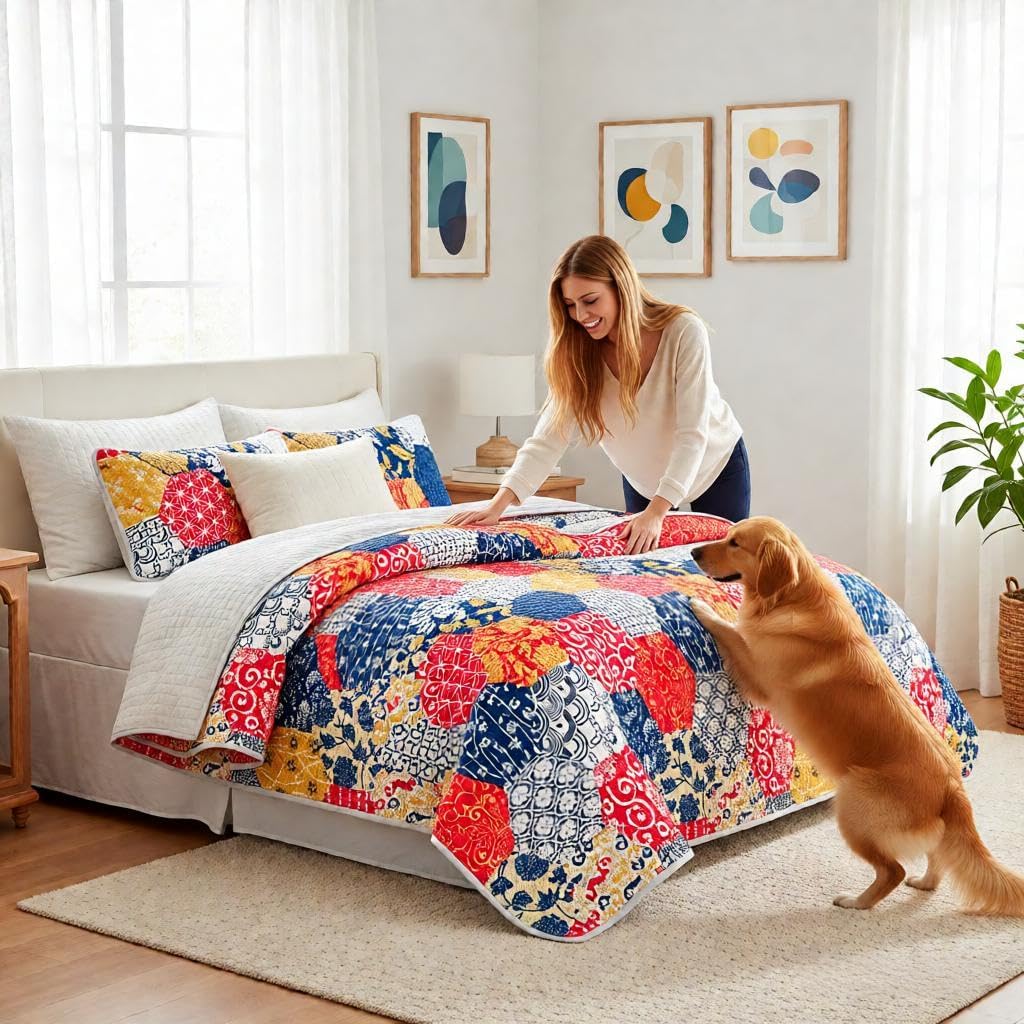 Andreannie Boho Quilt Set King Size, Reversible Floral Geometric Honeycomb Pattern Bedspread, Soft Lightweight Microfiber Bedding Coverlet, All Season Bohemian Quilt with 2 Pillow Shams, 3 Pieces | bright and vibrandt