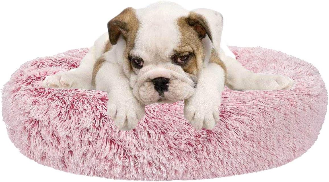 Calming Donut Dog Bed Faux Fur Pet Bed Self Warming Cuddler Washable Round Pet Bed Cat Bed Comfortable Round Plush Indoor Sleeping Dog Beds Cat Cushion Bed for Small Medium Dogs 23" Pink