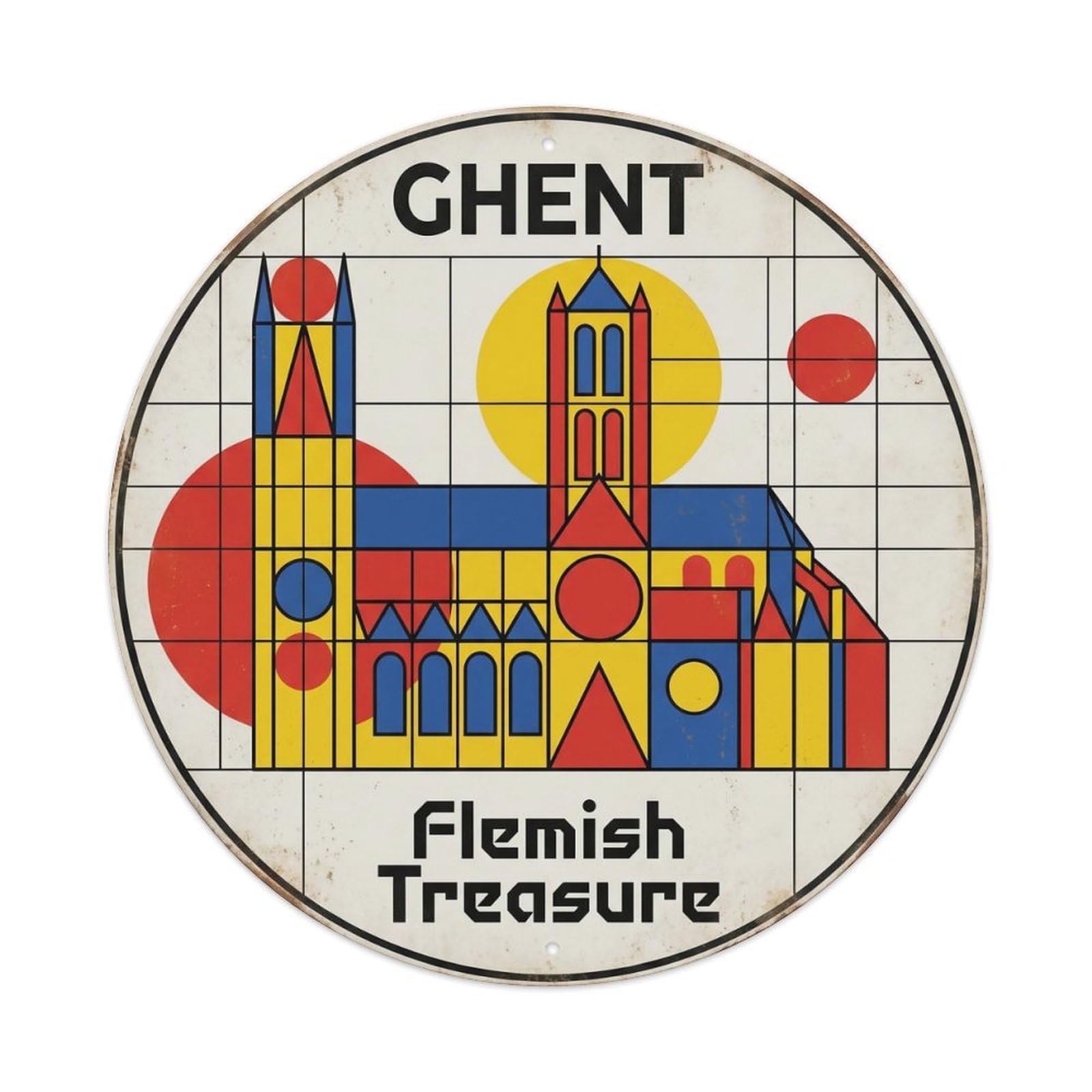 Yrnq Vintage Style Vintage Travel Ghent Cathedral Belgium Vintage Metal Tin Sign Plaque Wall Decor For Cafe, Club, Garden Round Metal Poster 8X8inch