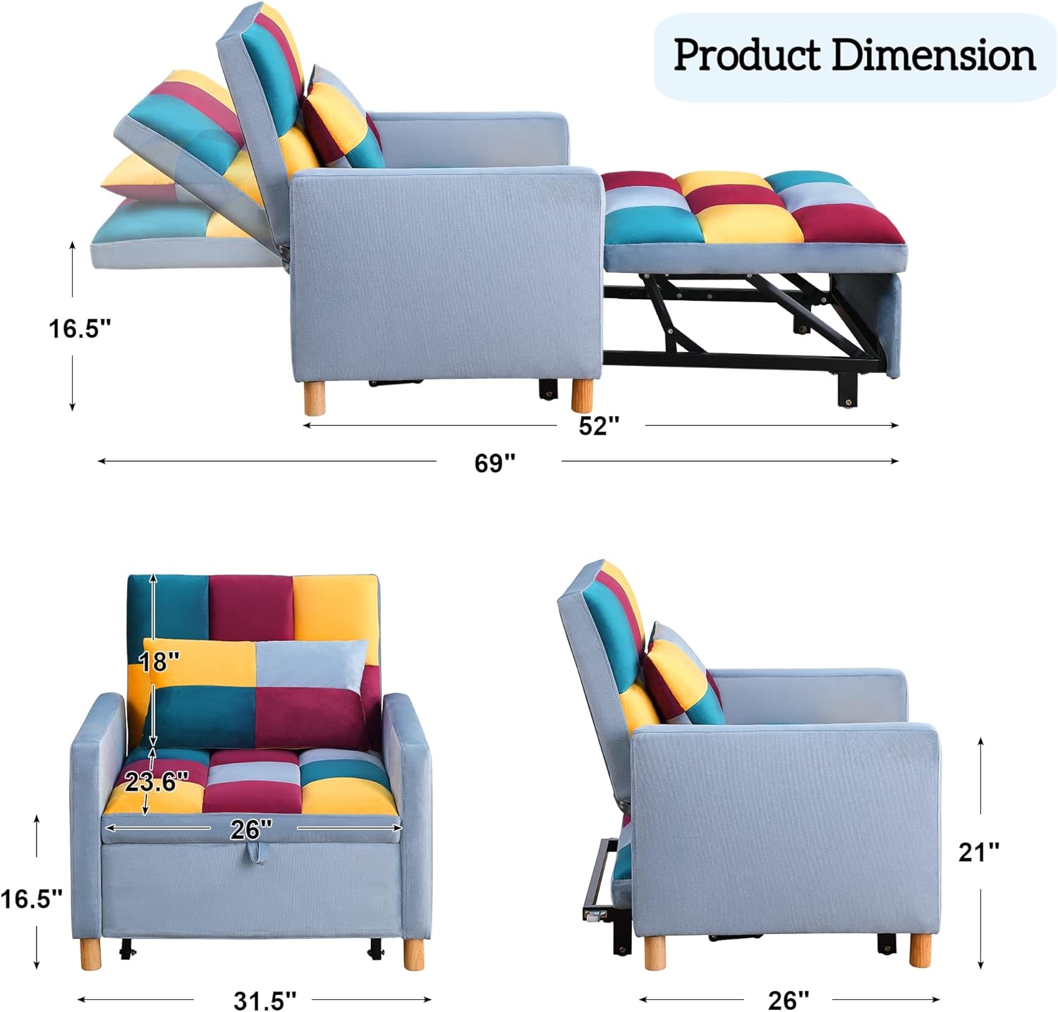 Sleeper Chair Bed Multi-Functional Convertible Chair Sleeper Velvet Adjustable Single Pull Out Sofa Bed with Lumbar for Studio,Apartment, Bedroom,Office,Living Room (Colorful)