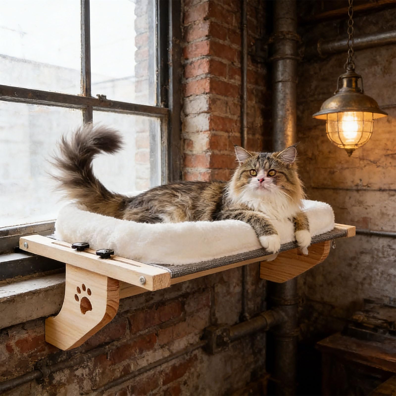 Hamaca para Gatos con Estructura de Madera y Metal, Cubierta extraíble y cálida, Cama Colgante para Ventana, Lavable para Comodidad de Mascotas, Cama Plegable para Gatos
