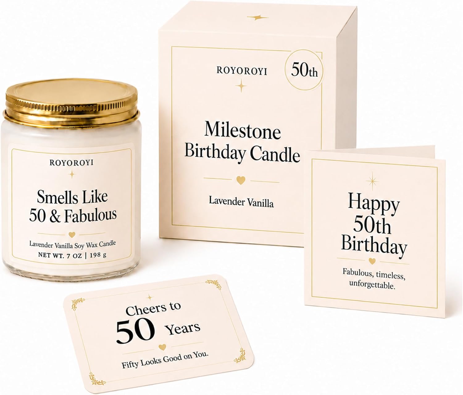 ROYOROYI 50th Birthday Gifts for Women and Men, Lavender Vanilla Candle | 50th birthday decorations and gift set with 7 oz lavender vanilla soy candle, gift box, birthday card and keepsake card