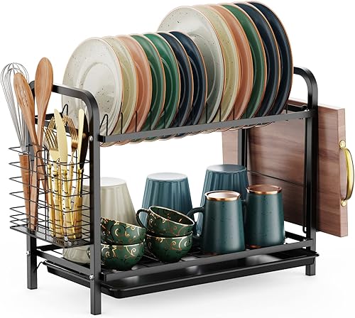 GSlife Escurridor de platos, 2 niveles resistente al óxido con escurridor compacto con soporte para utensilios, soporte para tabla de cortar para