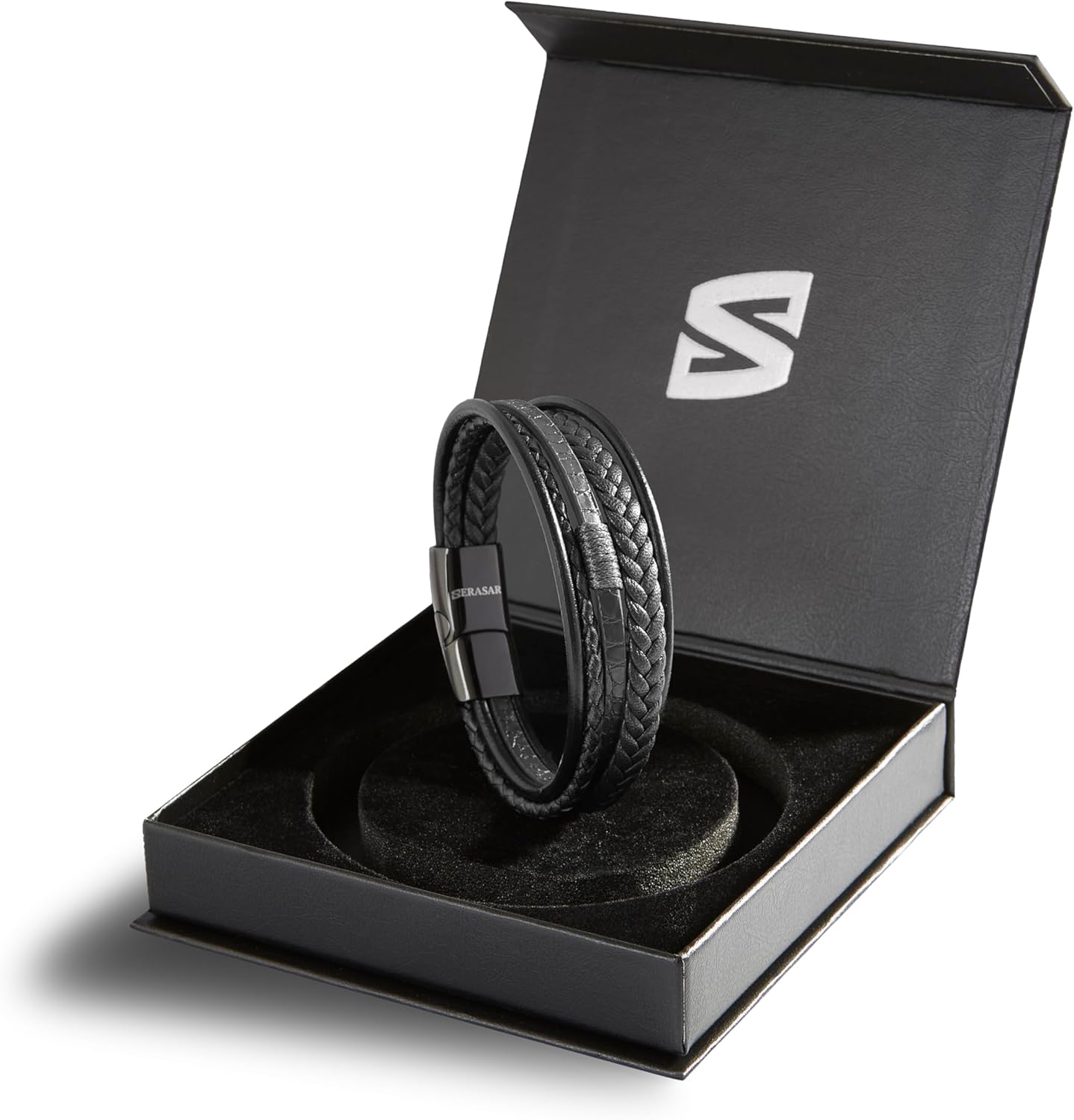 SERASAR | Premium Bracelet for Men in Genuine Black & Brown Leather | Magnetic Stainless Steel Clasp | Jewelry Box Included | Great Gift Idea - Image 2