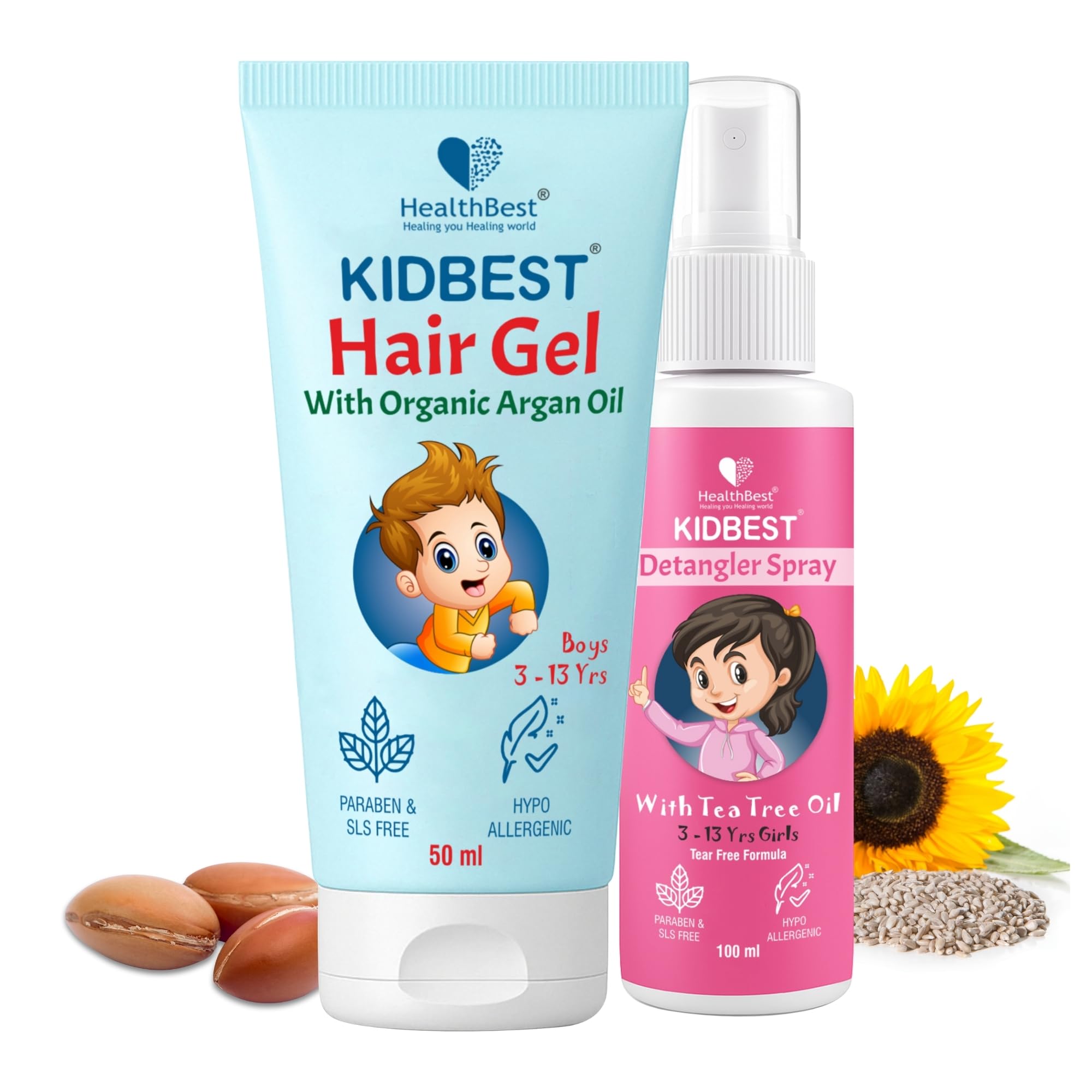 HealthBest Hair Gel 50ml and Detangler Spray 100ml for Kids Aged 3 to 13 Years Non-Sticky Tear-Free Gentle Formula for Tangle-Free Frizz-Free Hair Styling