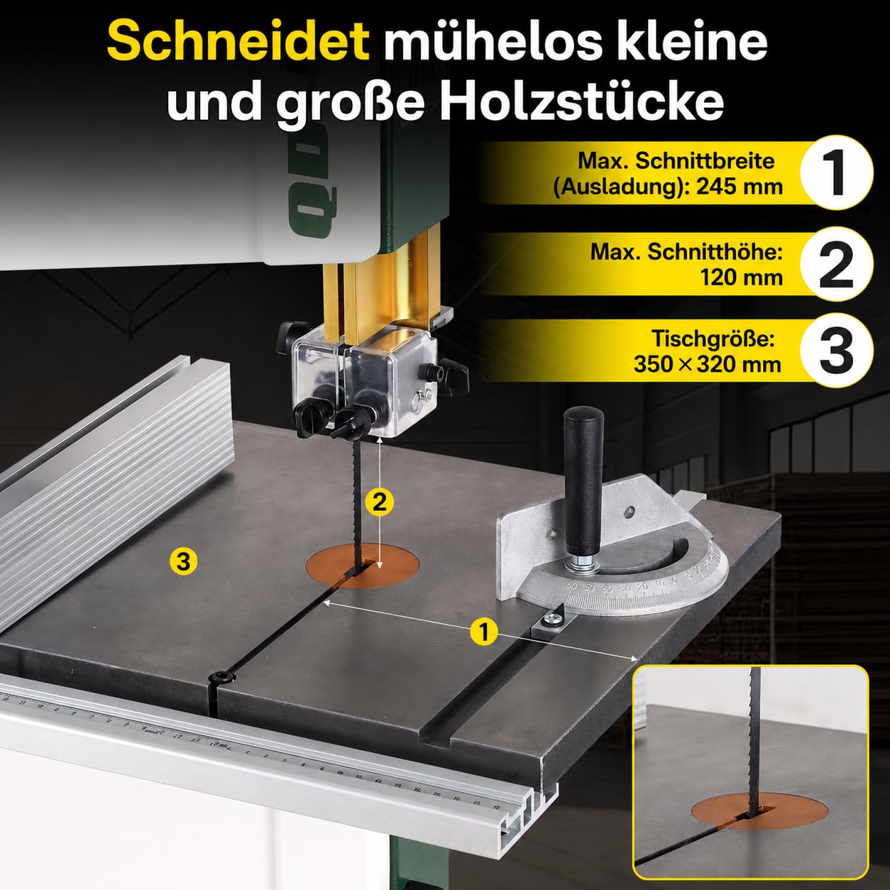 250B Tisch-Bandsäge, Holz, 350W Kupfermotor, 2-Gang 460/1000 m/min, Schnitthöhe 120mm, Tischneigung -5° bis 45°, Rad-Ø 250mm, Sägeblatt 1790mm, Stahlrahmen