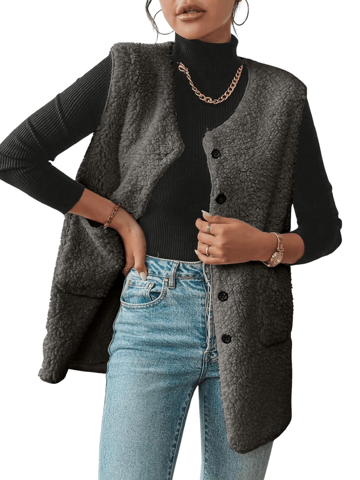 Gilet Donna Invernale in Pile Gilet Elegante Pile Lungo Smanicato donna Invernale Termico con Scollo a V e Bottoni Smanicato Caldo Casual Comodi Senza Maniche Giacca Teddy con Tasche Autunno