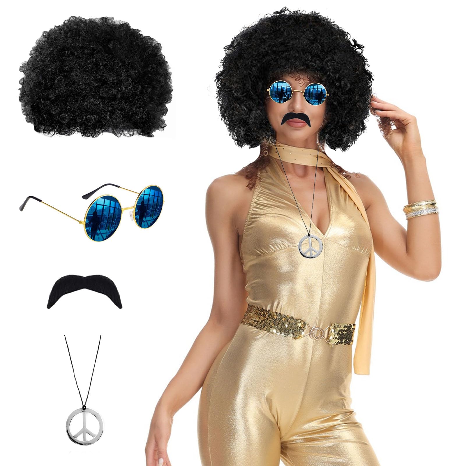 GWAWG 4Pcs Retro Hippie Costume Set, 60s 70s Disco Fever Accessories, Afro Wig, Sunglasses, Peace Sign Necklace & Moustache - Image 4