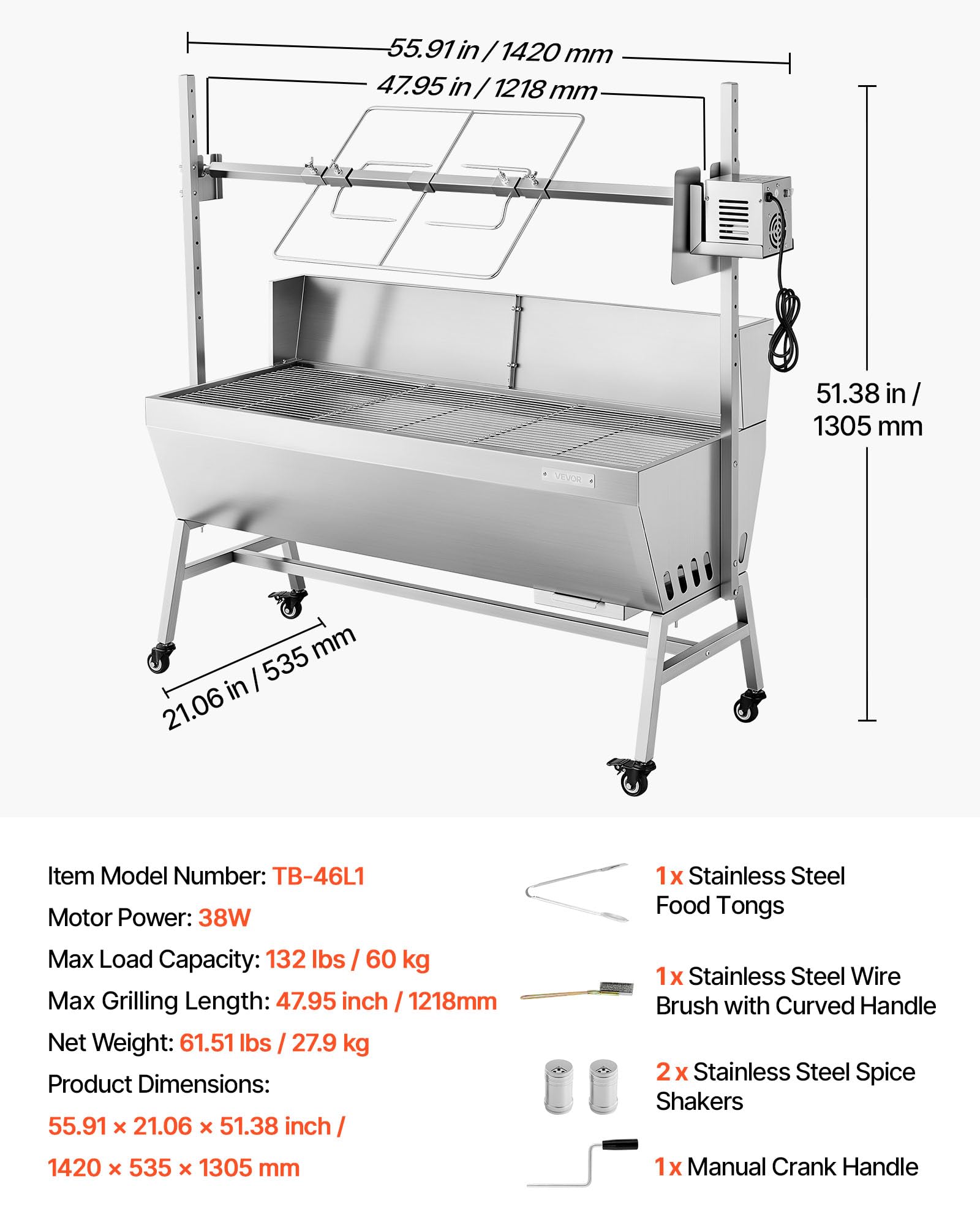 VEVOR Griglia per Maialino Griglia a Carbone, Lunghezza 1218 mm 38 W con Carico di 60 kg e Ruote e Regolazione dell'Altezza a 4 e Vie Copertura Protettiva, in Acciaio Inossidabile per Campeggio