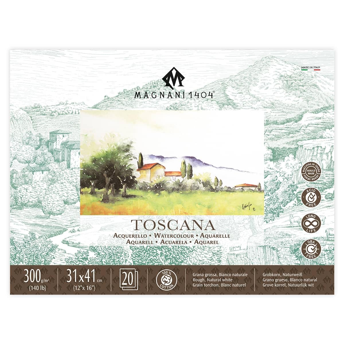Magnani 1404 Toscana - Bloque de papel de acuarela 100% algodón, 20 hojas, 12 x 16, 140 libras, sin ácidos, resistente a los rayos UV, papel de acuarela de tamaño vegano para artistas, fabricado en