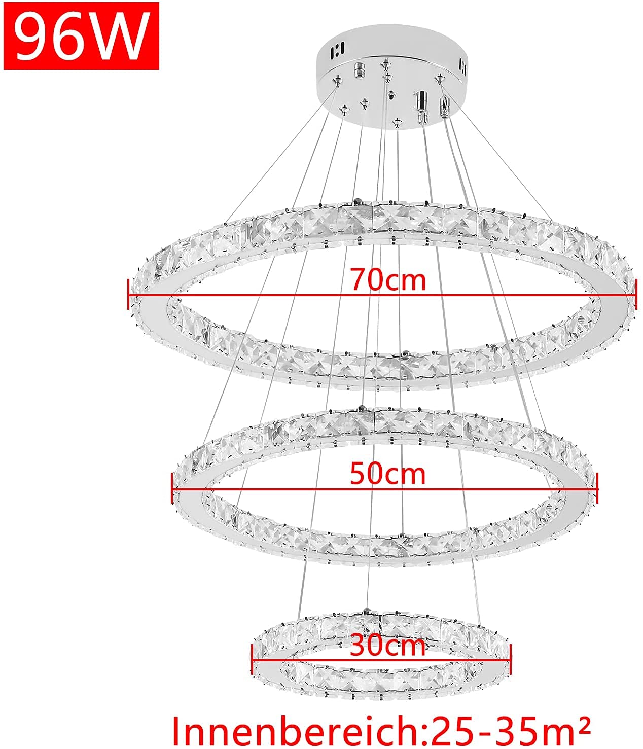 UISEBRT Lampa wisząca LED, 96 W, kryształowa – nowoczesna, kreatywna, z regulacją wysokości, żyrandol sufitowy, trzy pierścienie, do jadalni, sypialni, salonu, zimna biel