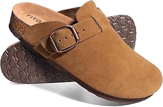 FITORY Comfortable Men's Suede Leather Clogs, Closed Mules with Arch Support & Cork Footbed, Size 40-47