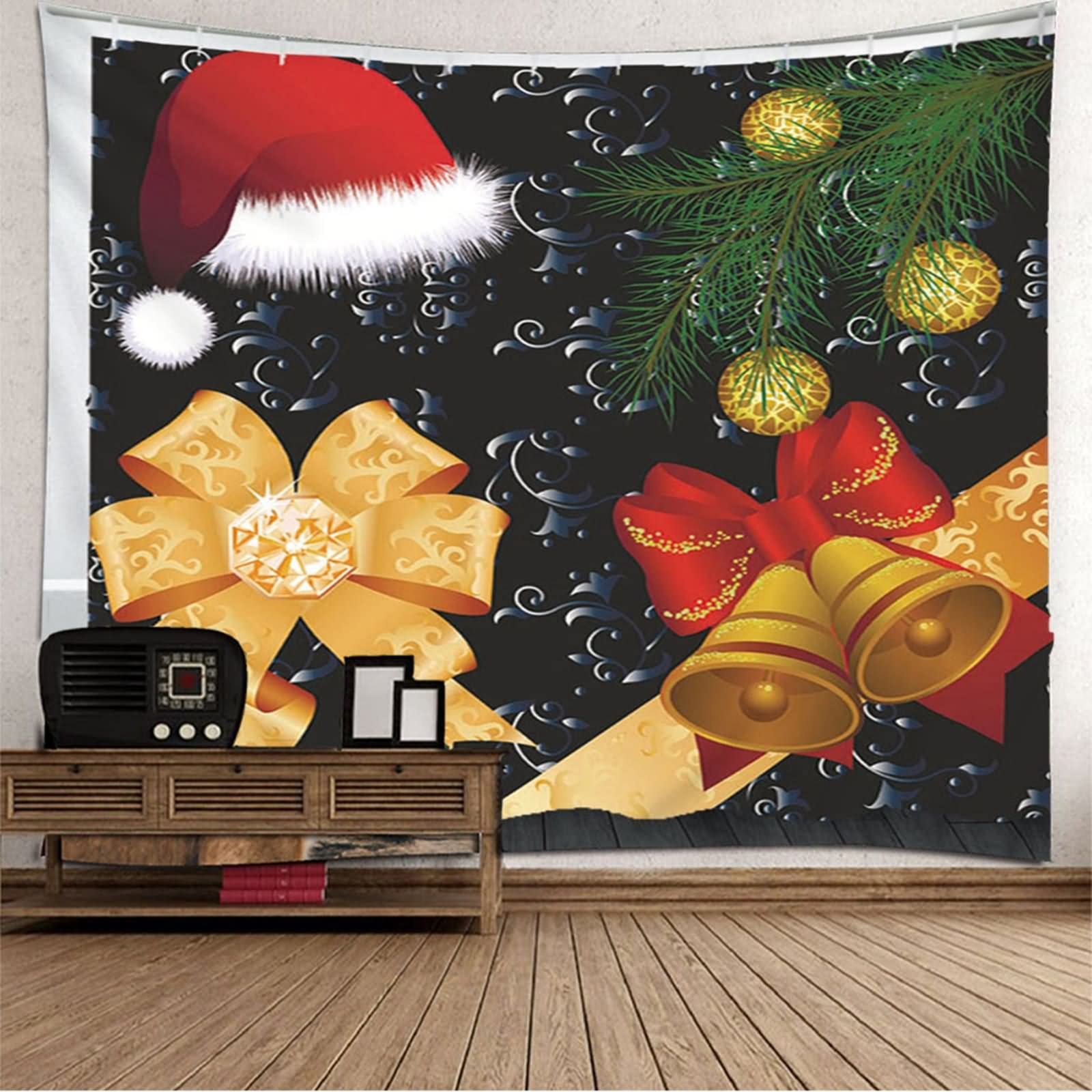 Wandtuch Quer, Wandbehang Aesthetic Weihnachtsmütze und Klapperschlange Gold Rot Schwarz Polyester 210X140cm