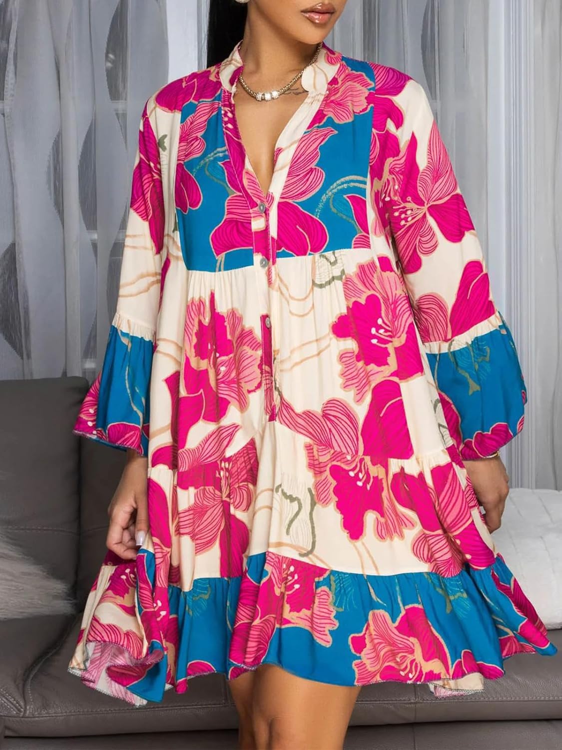 WXN Button Down Shirt Dresses for Women - Womens Summer Sundress Tops and Blouses Floral Print Shirts Casual Shift Mini Dress - Image 4