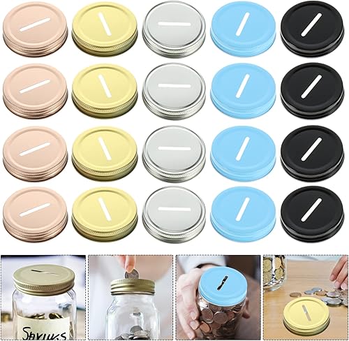Miniatura 5 de Sewroro 25 tapas para tarros de boca ancha con ranura para monedas, tapa de metal con ranura para monedas, tapa para conservas, ranura para monedas,
