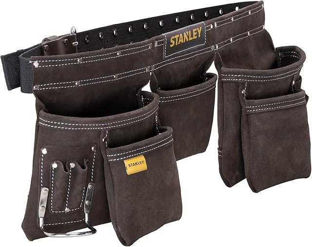 STANLEY Leather Tool Belt Pouch Apron, Multi-Pockets Storage Organiser, Hammer Loop, STST1-80113