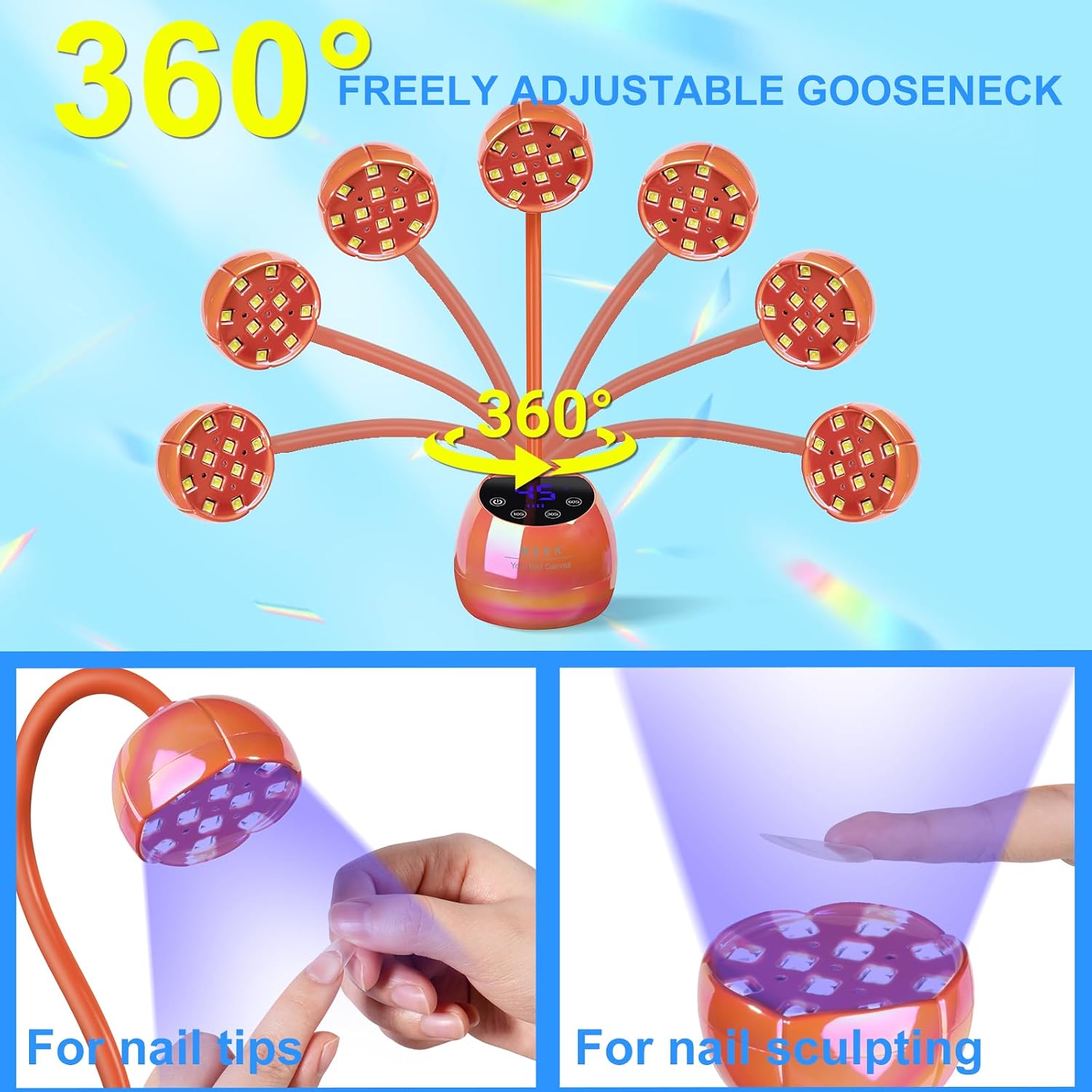 MEKK Gooseneck Flash Cure Nail Lamp, 36W Mini UV Light for Gel Nails | Cordless,Auto Sensor, 4 Timers (10/30/60/90s), Single Nail Detail Work, Portable, flower Design, Salon & Home,Glazed Orange