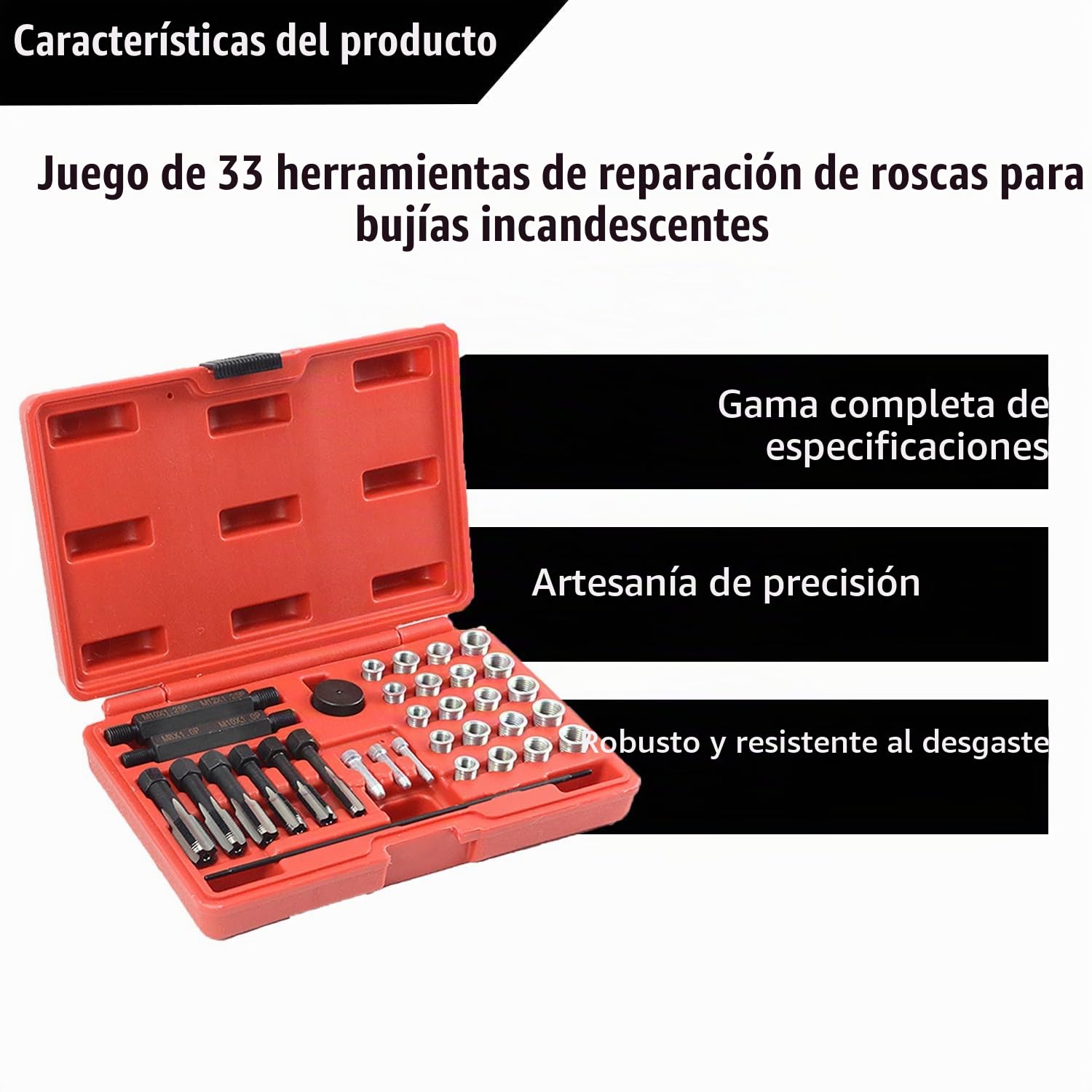 33 Piezas Kit de Reparación de Roscas,Herramienta de Eliminación de Bujías Incandescentes,con Cuatro Tamaños de Rosca(M8/M10/M12/M14)