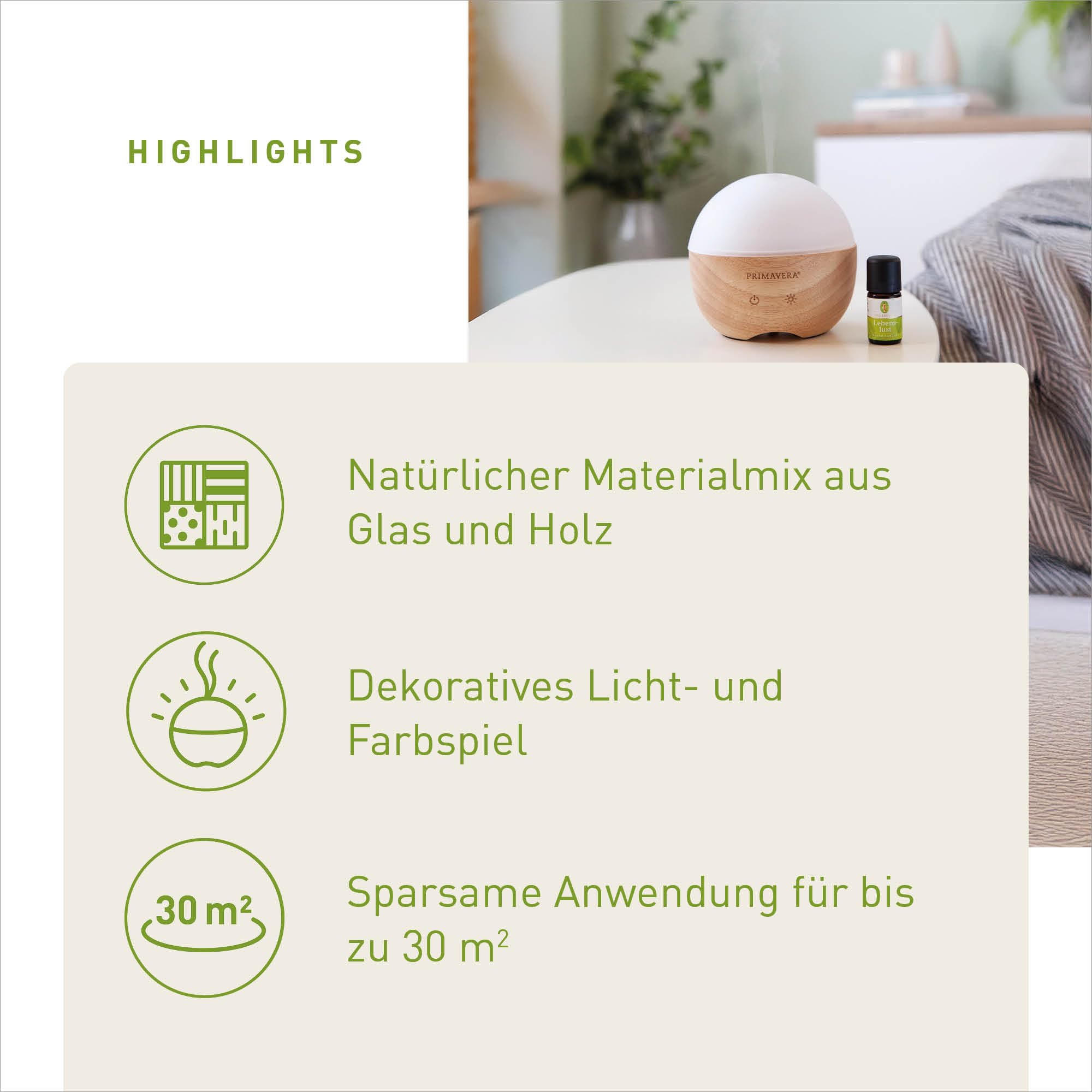 PRIMAVERA Aroma Vernebler Woody – elektrische Duftlampe, Diffuser, Raumduft – Aromatherapie – 4 Betriebsmodi im Dauer- und Intervallbetrieb