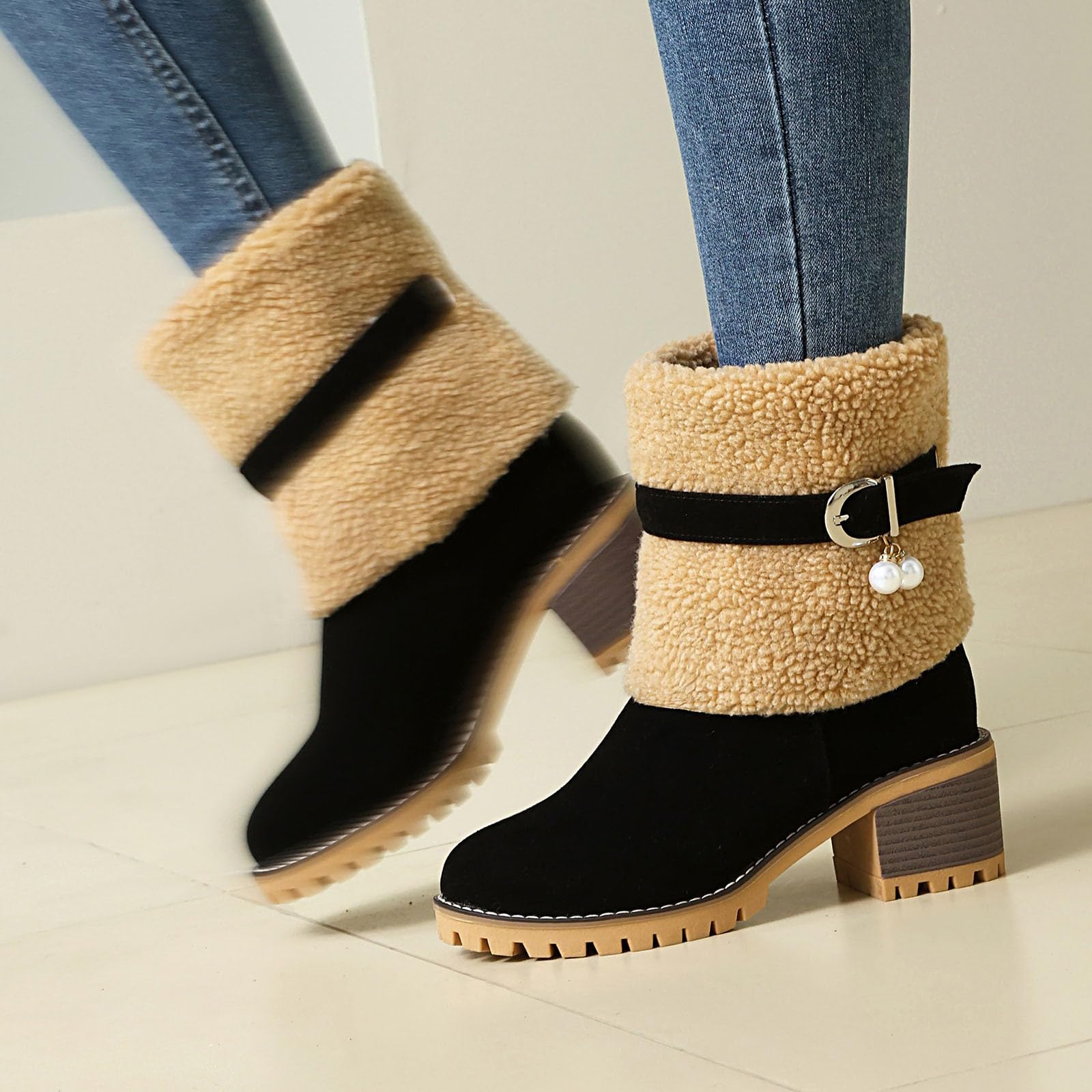 Generisch Stivaletti alla moda con colletto piegato, suola con plateau, comodi stivali invernali da donna, eleganti stivali a gambo corto con suola antiscivolo
