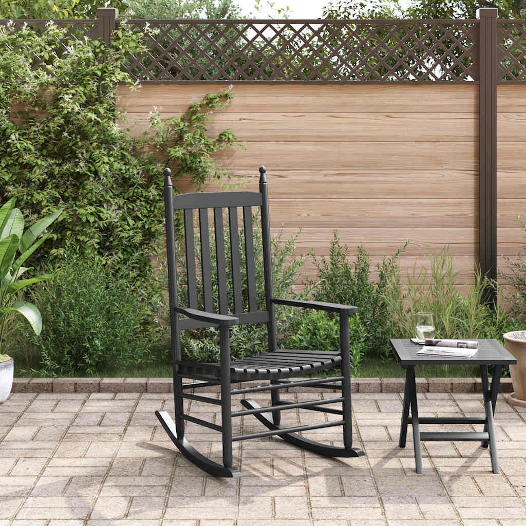 Chaise à Bascule en Bois de Peuplier Massif Noir, Fauteuil Rocking Chair Ergonomique avec Siège Incurvé et Dossier à Lattes pour Salon, Jardin ou Terrasse, Dimensions 62 x 83 x 115 cm