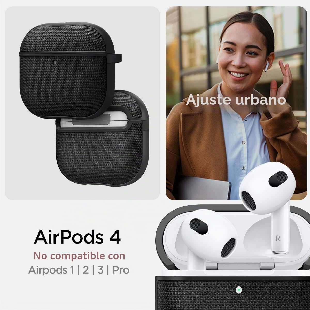 Spigen Funda Urban Fit para Airpods 4 | Funda de PC revestida de nylon con mosquetón metálico para una portabilidad sin arañazos en modelos 2024 - Negro