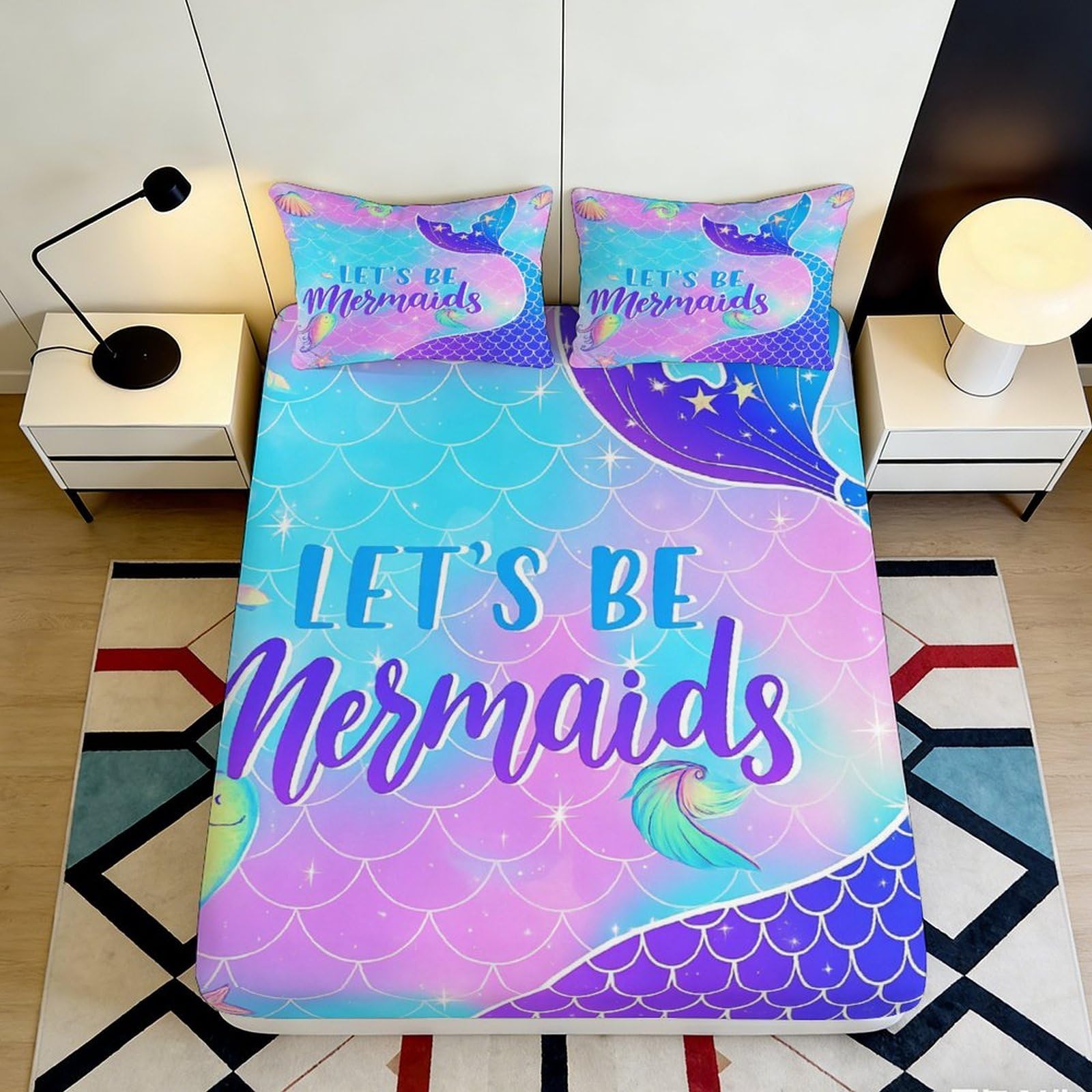 3D Printed Mermaid Tail Fitted Sheet Microfiber Pastel Rainbow Mattress Cover Anti-Slip for Bedroom Home Dorm Decor 140x200x25cm